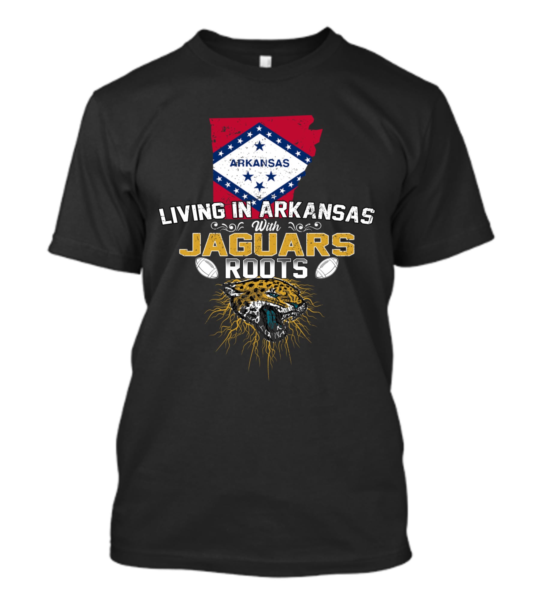 Living In Arkansas With Jaguars Roots American Flag Background Football T-Shirt