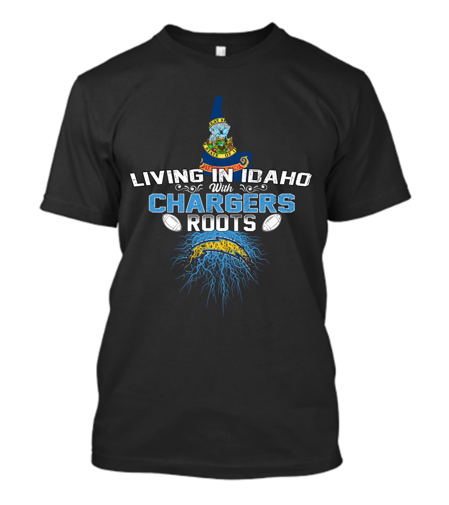 LIVING IN IDAHO WITH CHARGERS ROOTS Idaho State Symbol Football T-Shirt