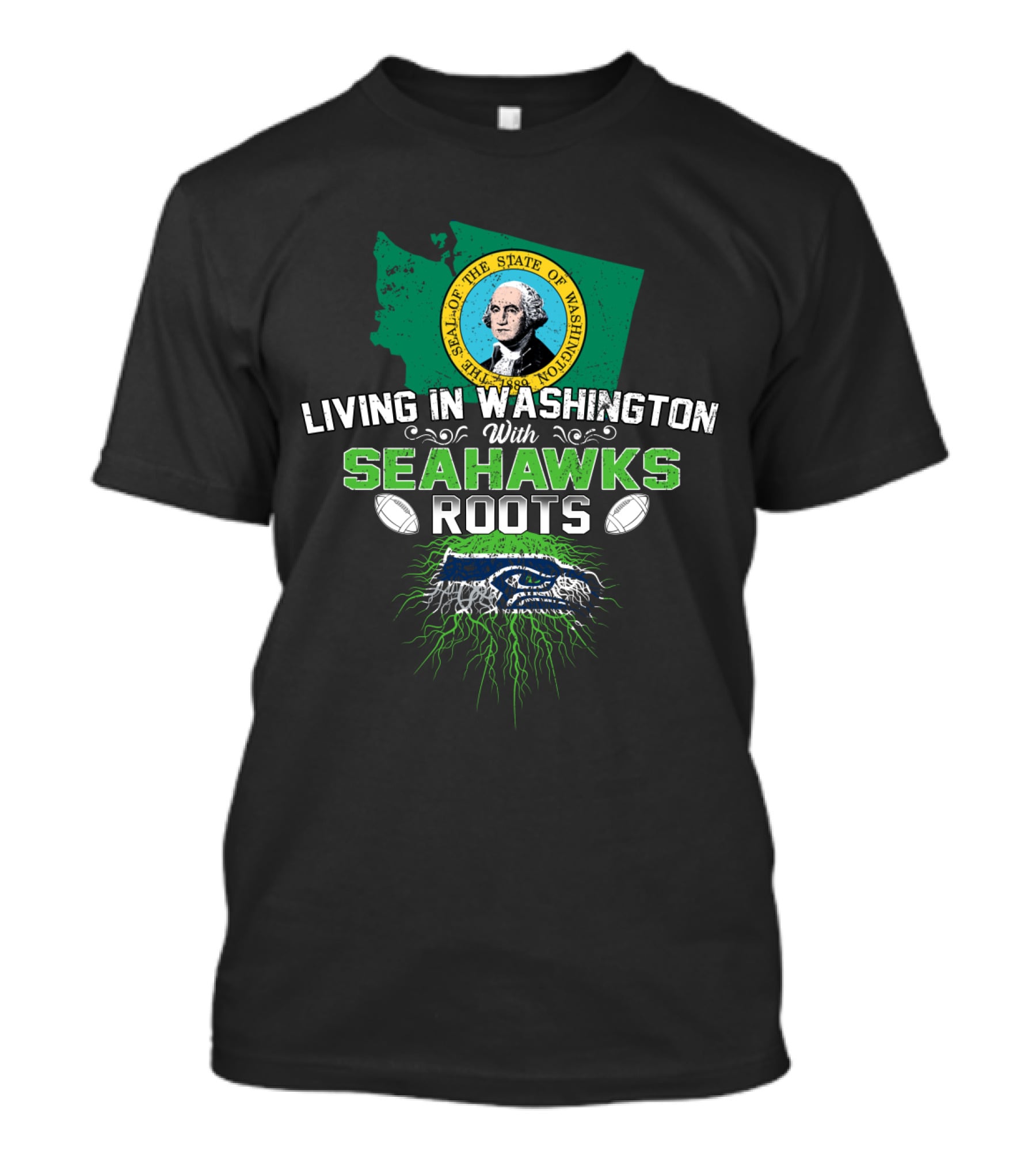 Living In Washington With Seahawks Roots State Seal Football T-Shirt