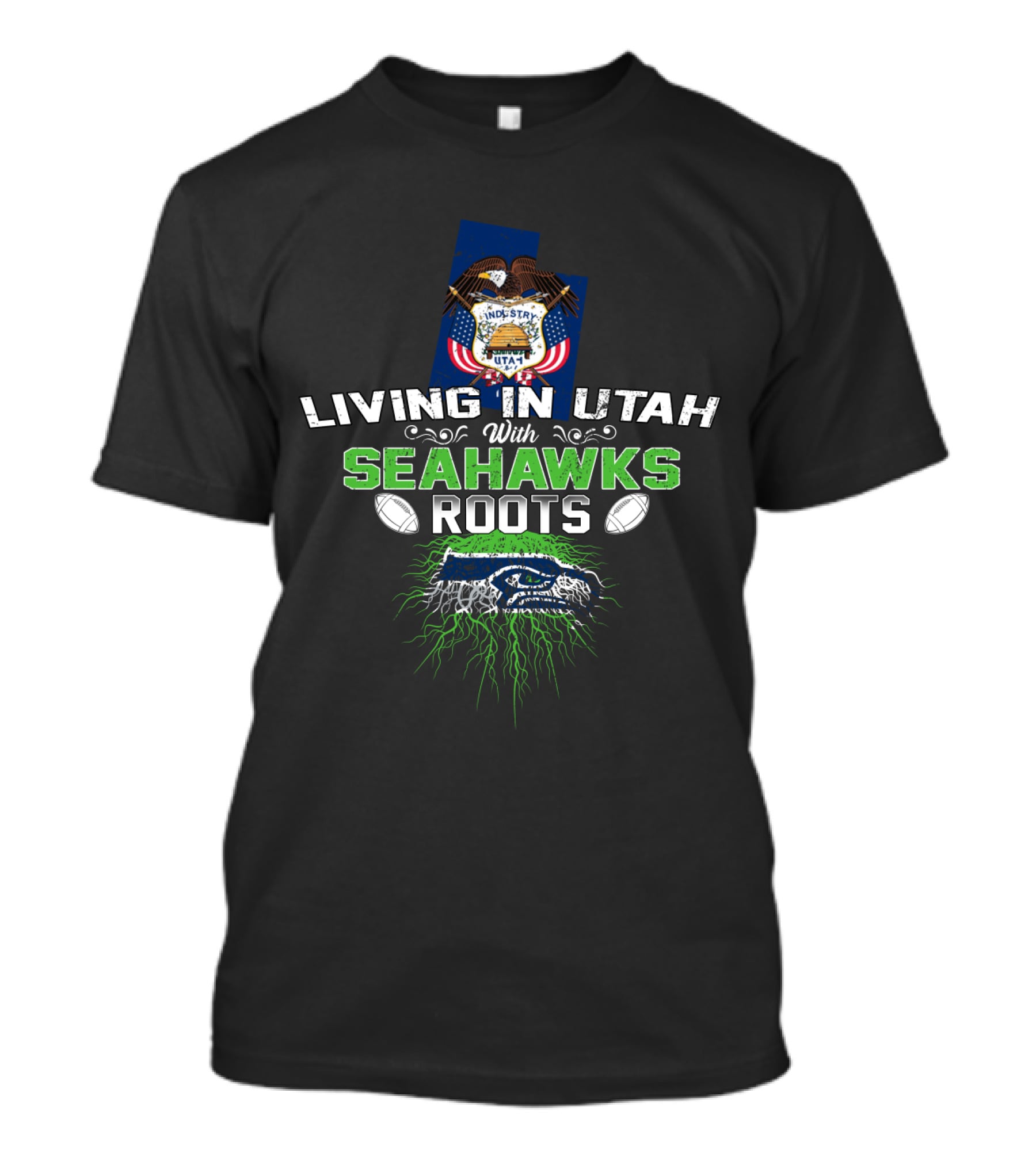 Living In Utah With Seahawks Roots And Utah State Flag With Football Elements T-Shirt