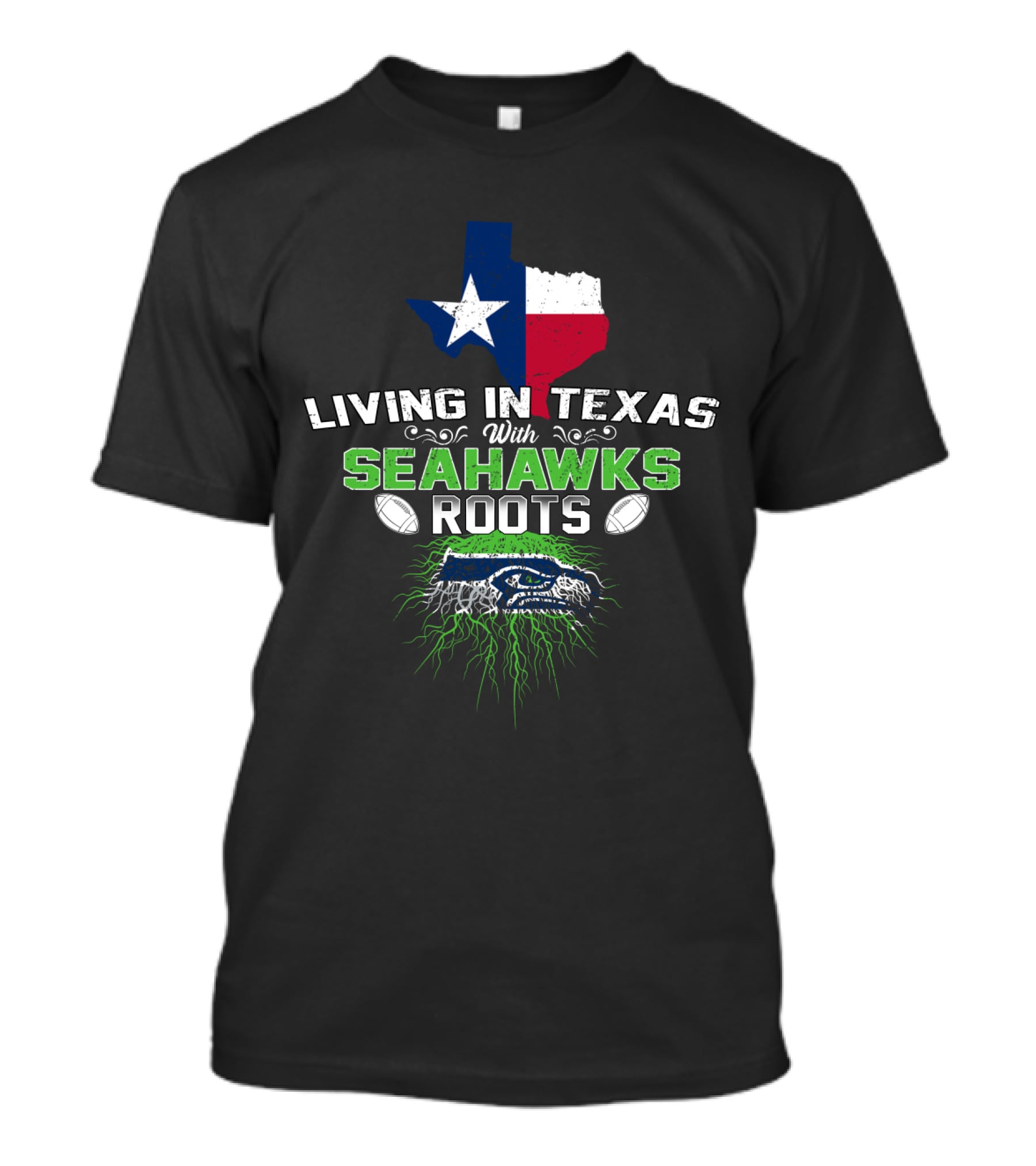 Living In Texas With Seattle Seahawks Roots Texas Map Football T-Shirt