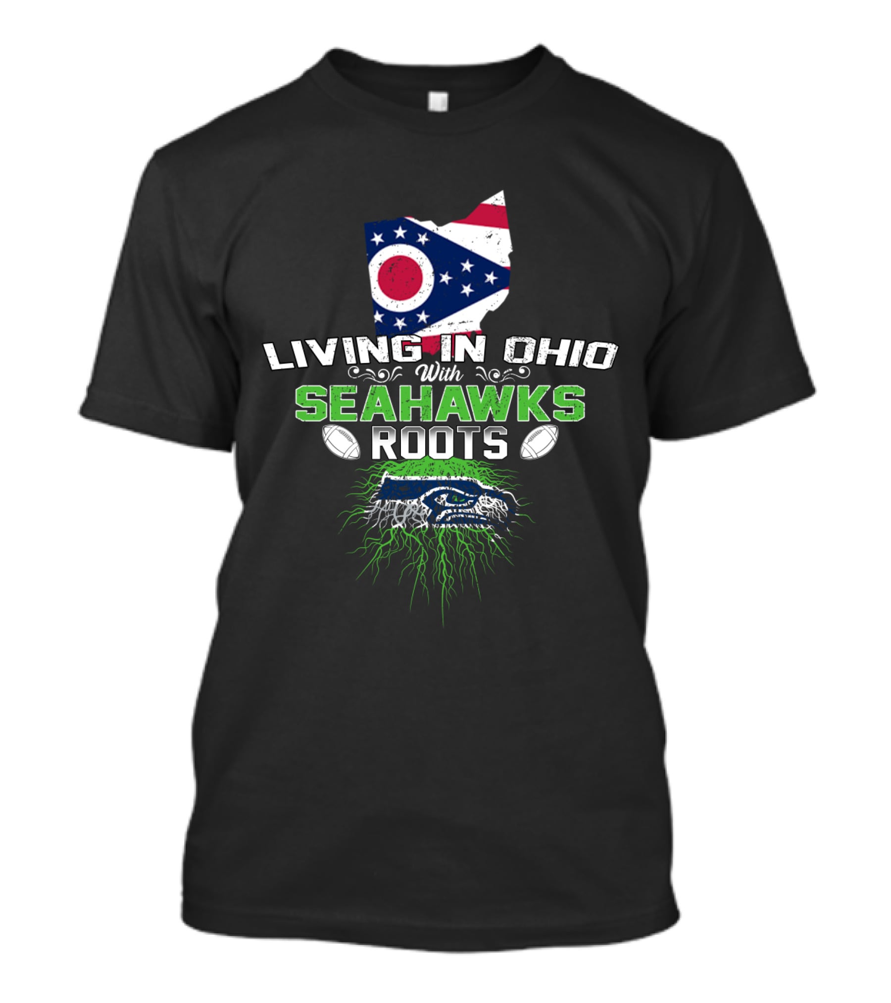 Living In Ohio With Seahawks Roots Flag Map Football T-Shirt