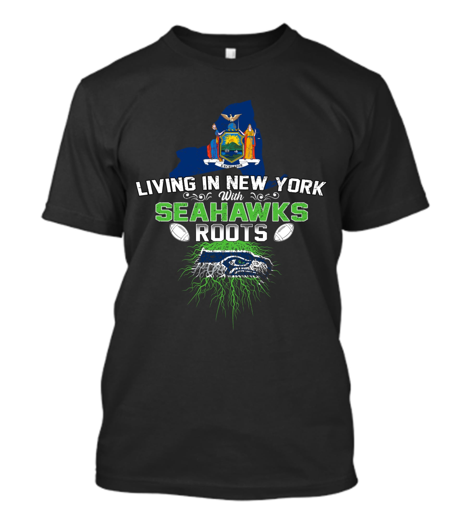 Living In New York With Seahawks Roots New York State Outline Seahawks Logo Footballs T-Shirt