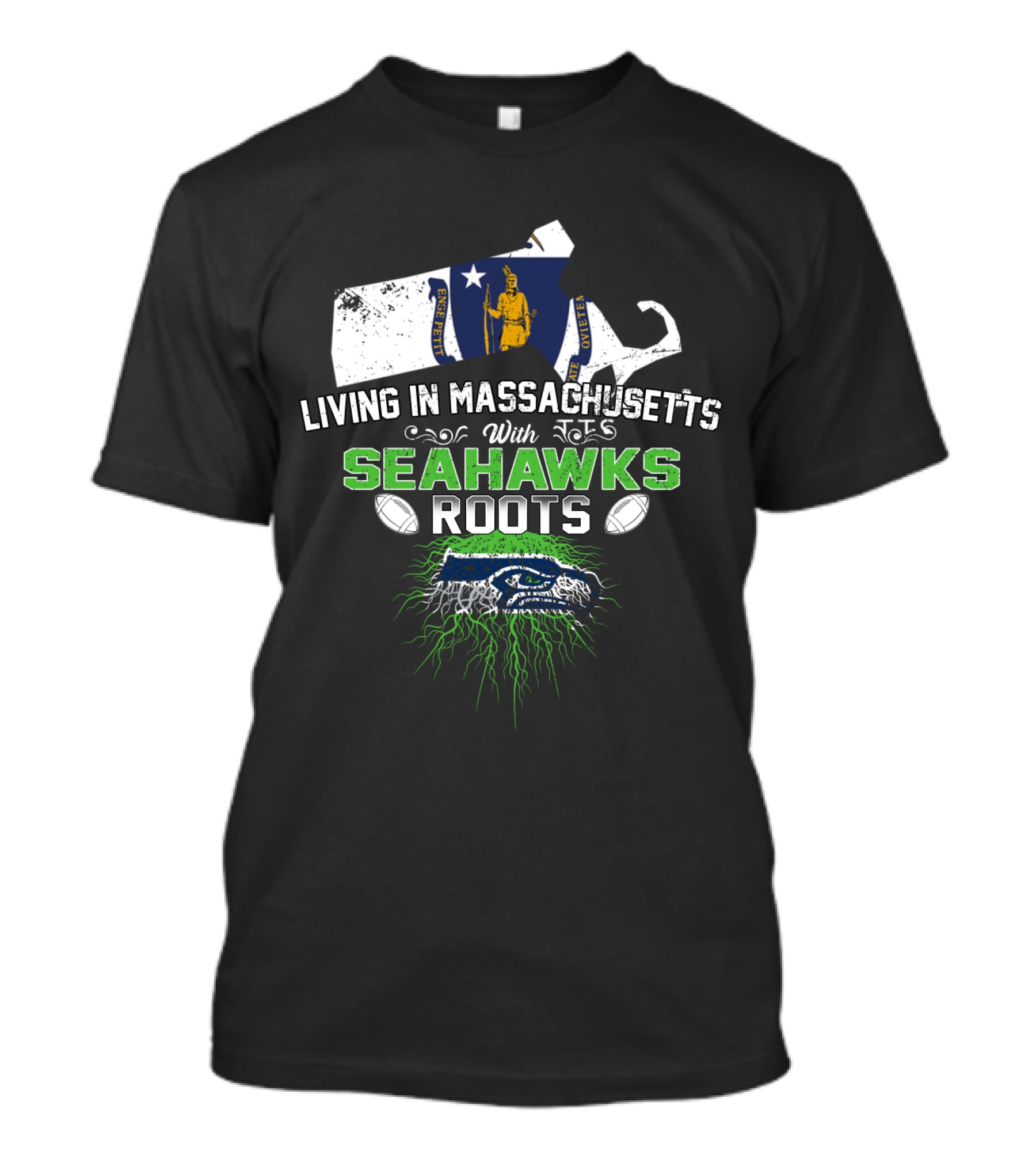 Living In Massachusetts With Seattle Seahawks Roots And Massachusetts State Map T-Shirt