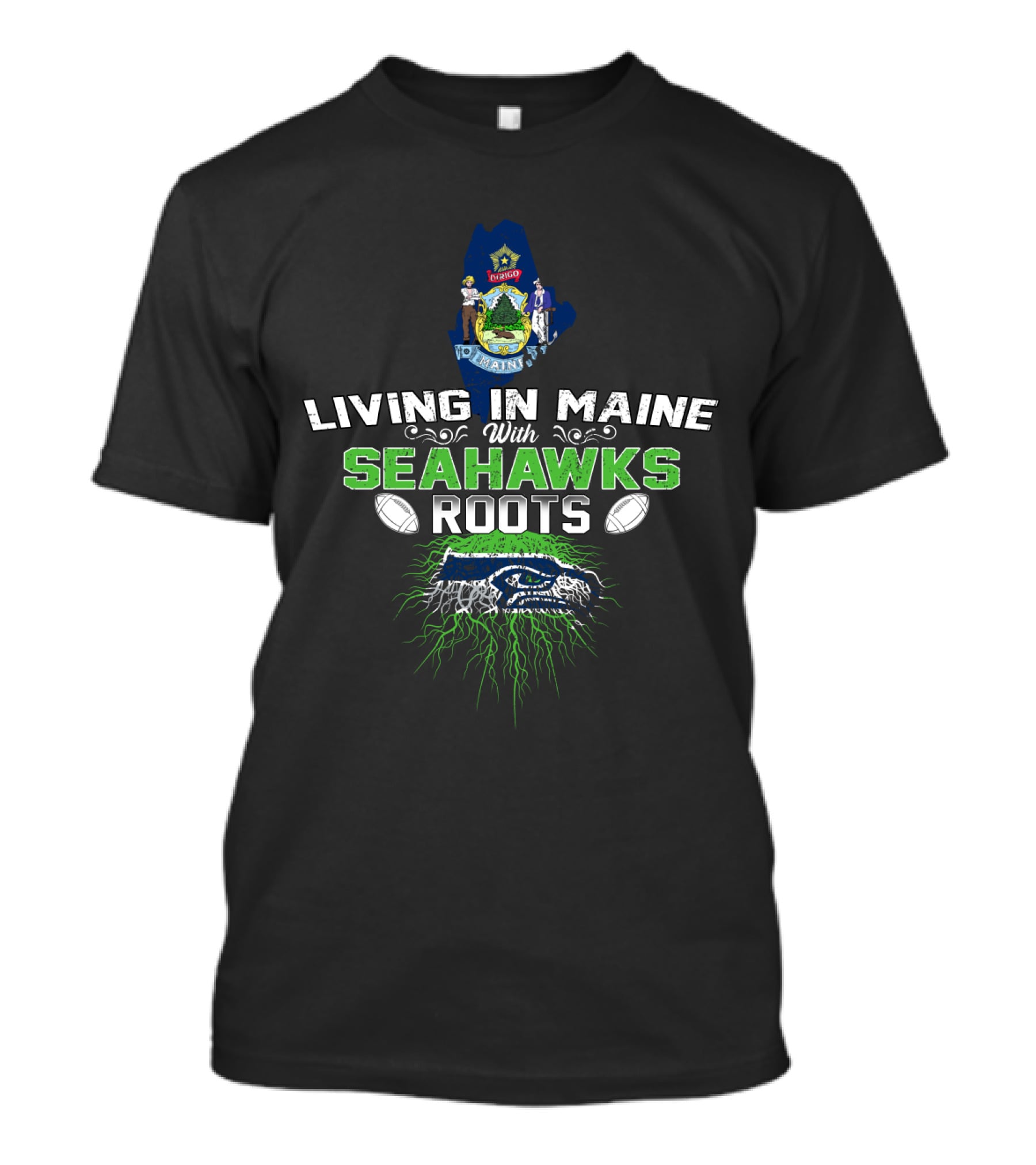Living In Maine With Seahawks Roots Football Emblem T-Shirt