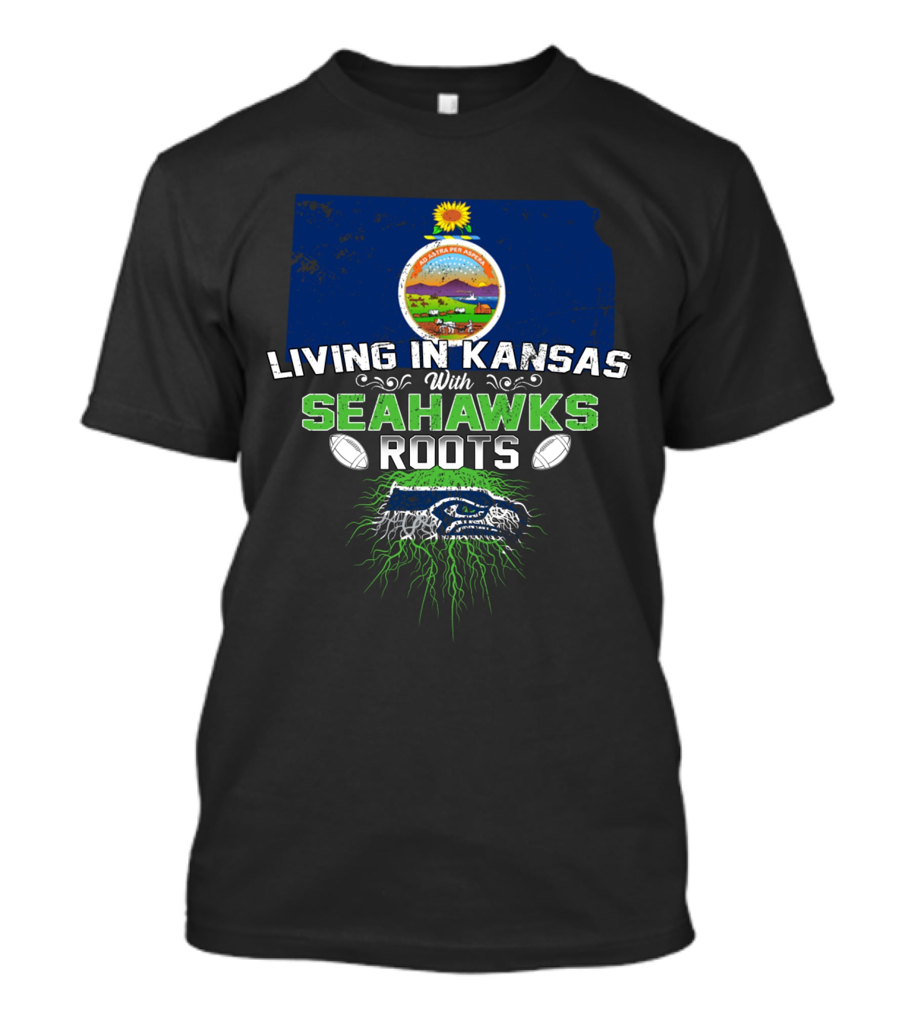 Living In Kansas With Seahawks Roots And Kansas State Seal T-Shirt