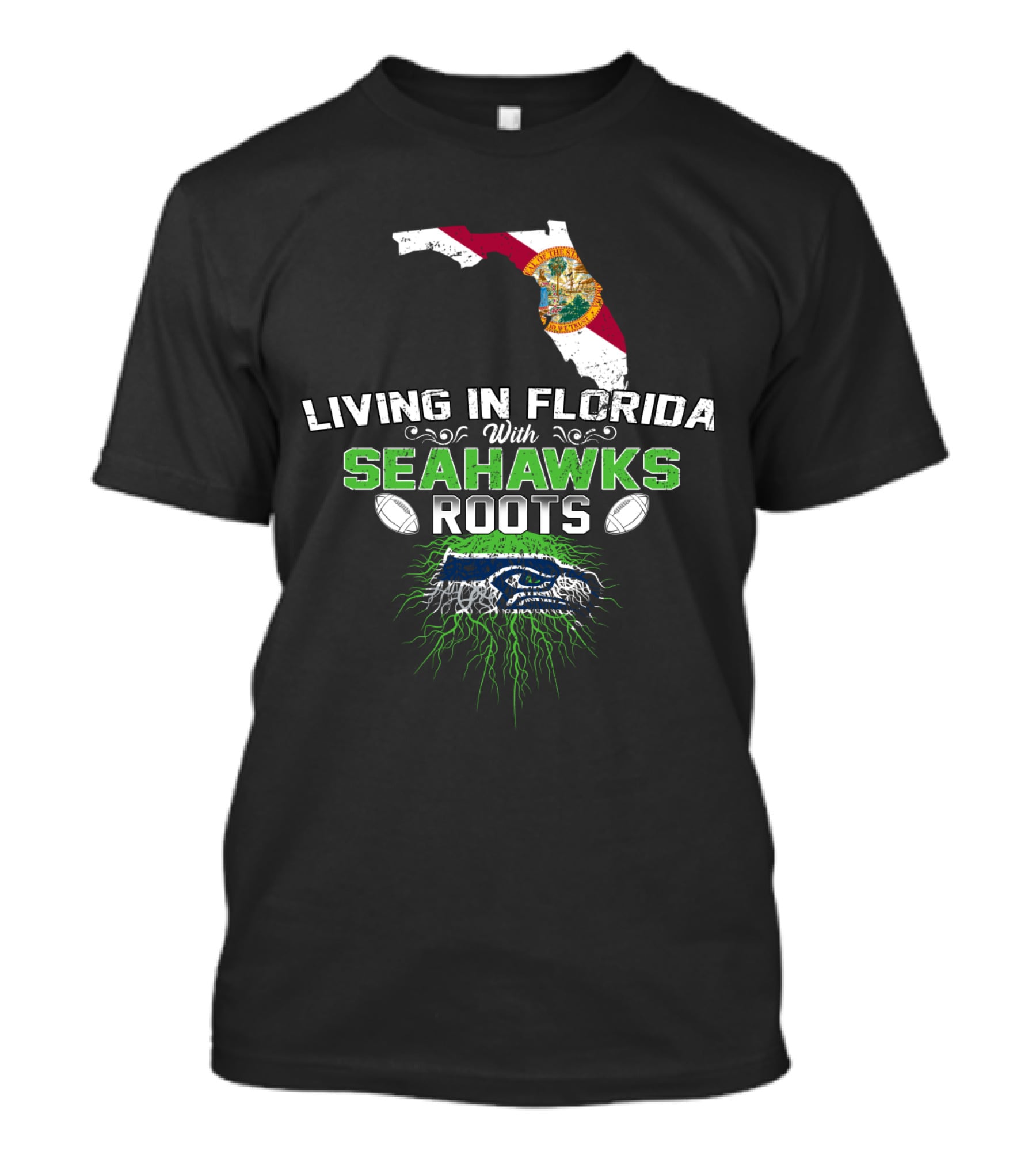 Living In Florida With Seahawks Roots Featuring State Flag And Logo Elements T-Shirt