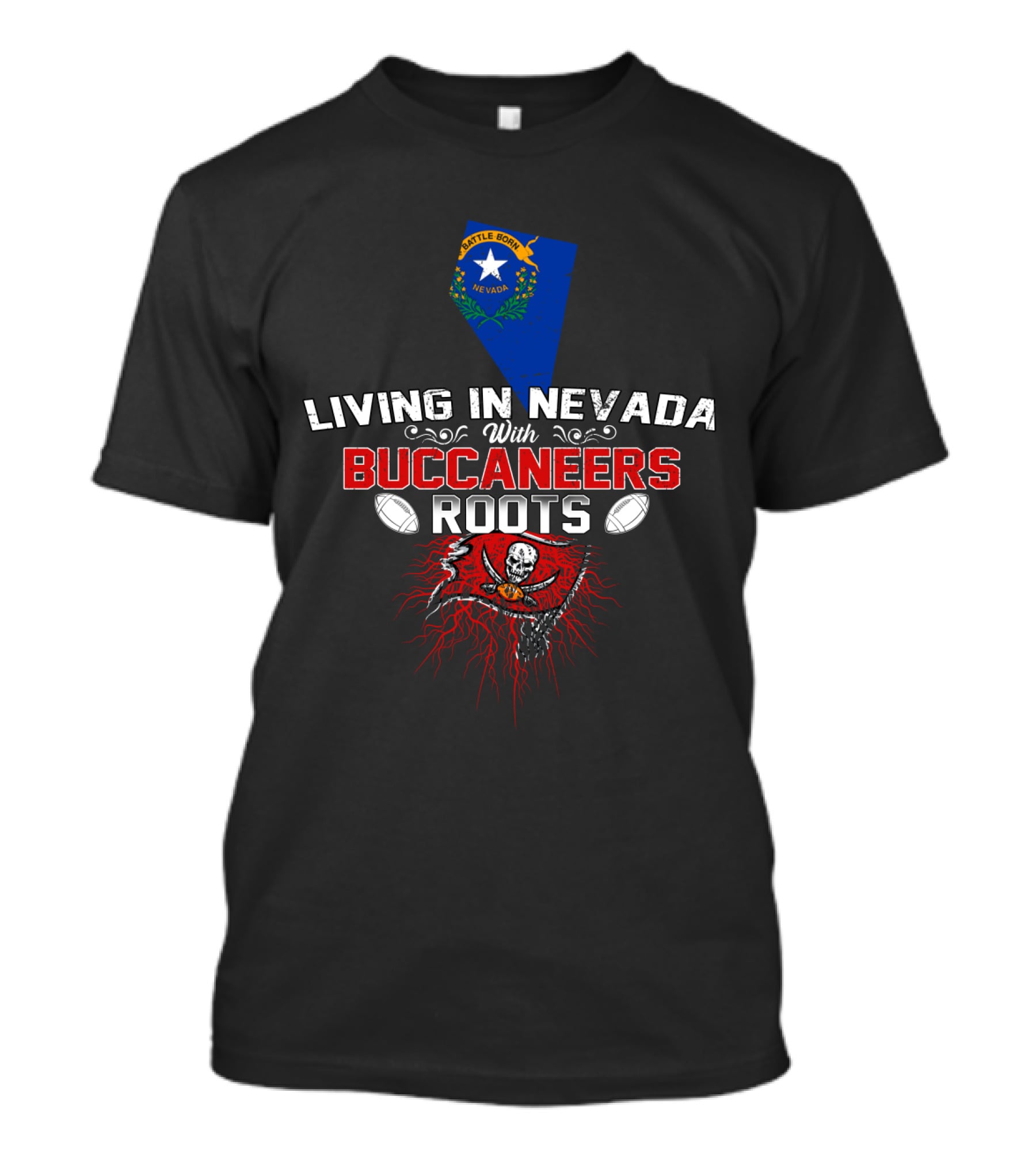 Living In Nevada With Buccaneers Roots Nevada Flag Pirate Skull Football T-Shirt