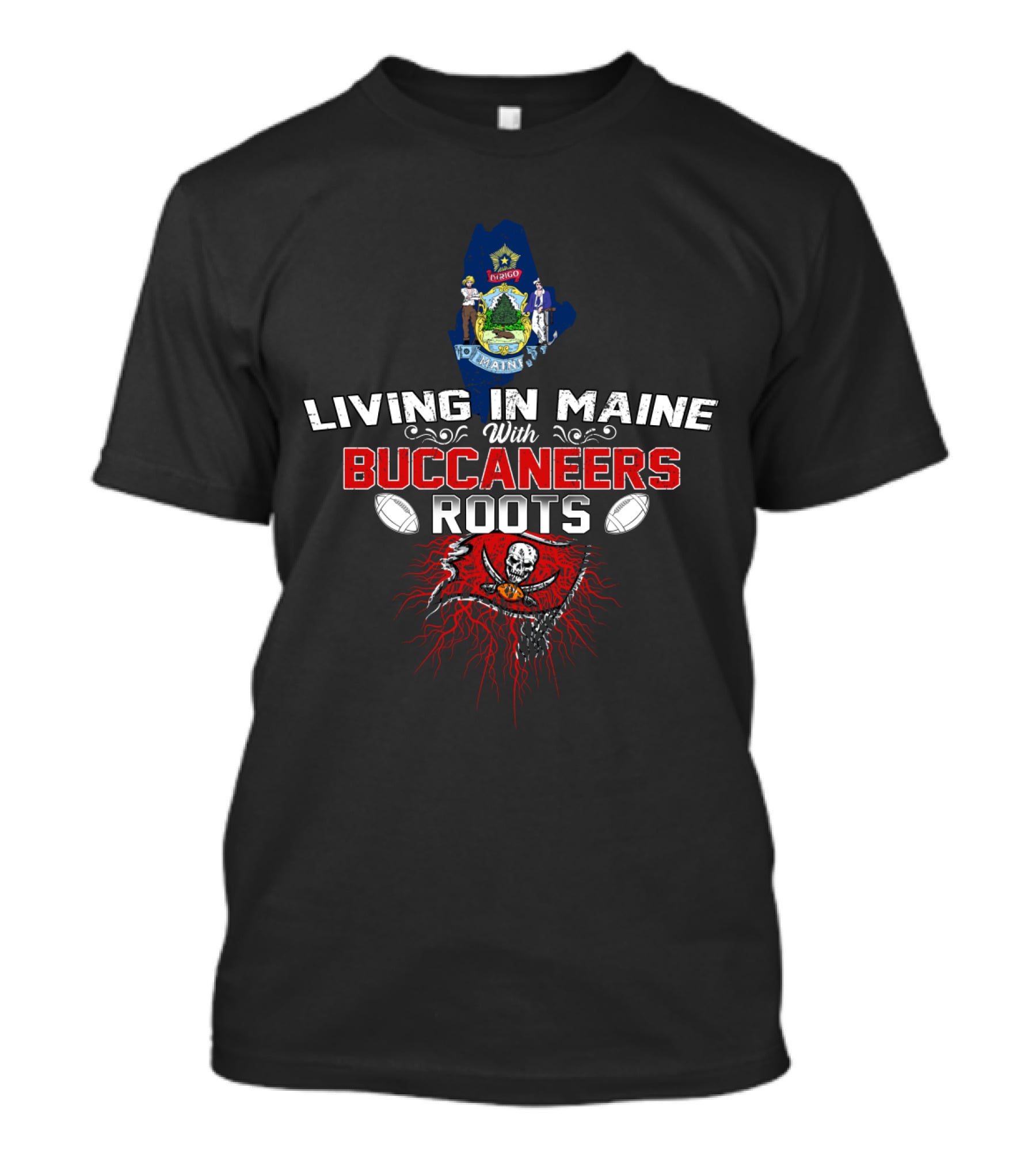Living In Maine With Buccaneers Roots And Flag Football Symbols T-Shirt