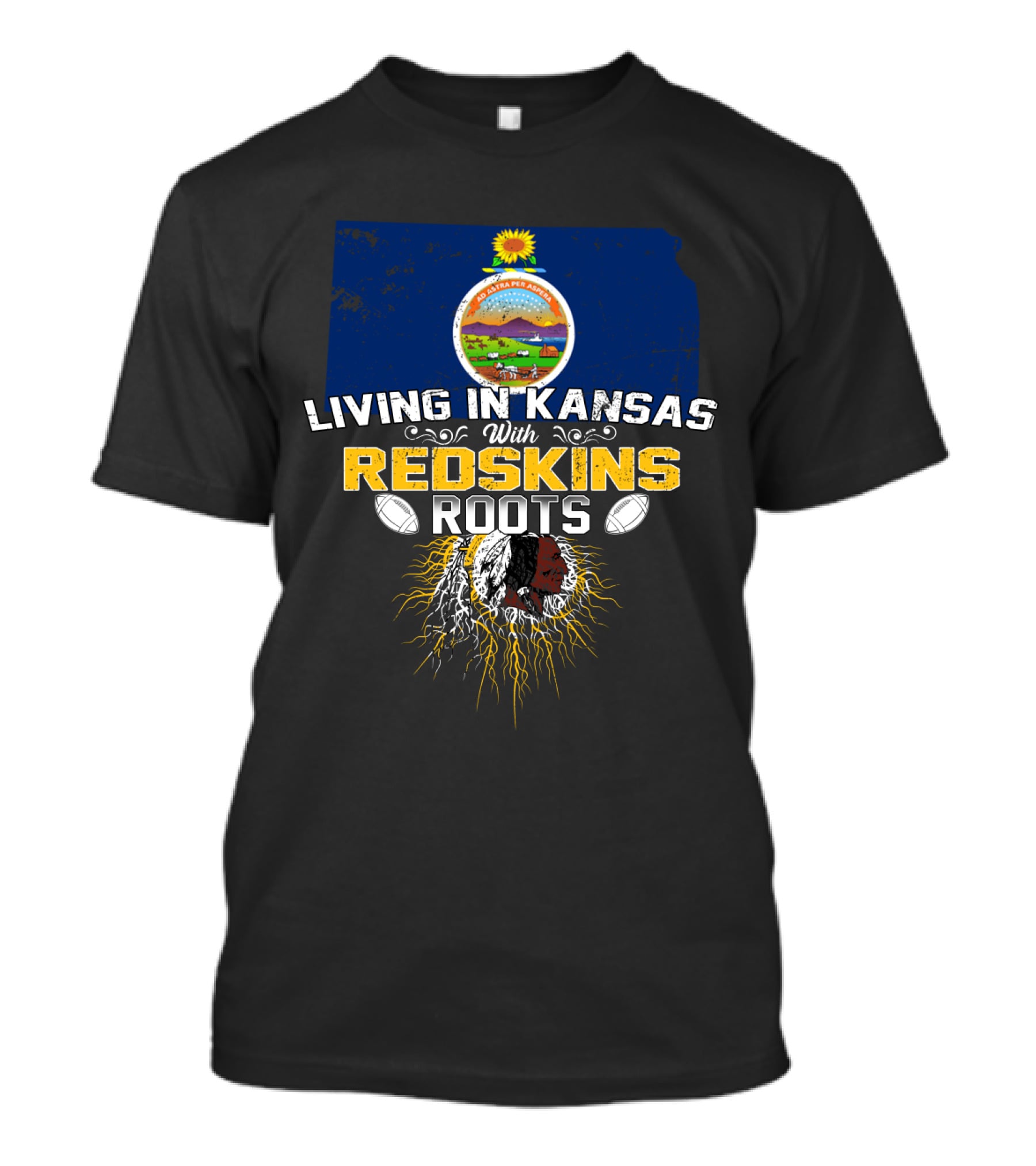Living In Kansas With Redskins Roots Kansas State Outline Flag And Football Elements T-Shirt