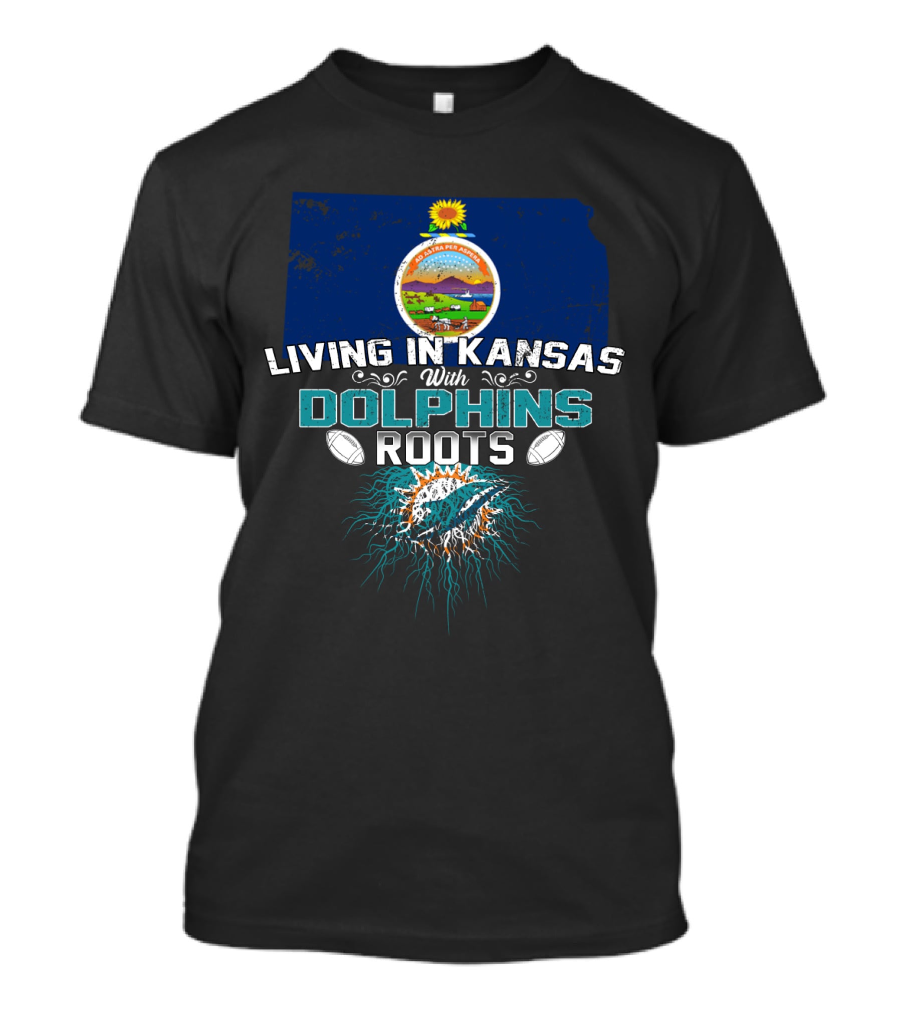 Living In Kansas With Dolphins Roots Miami Football T-Shirt