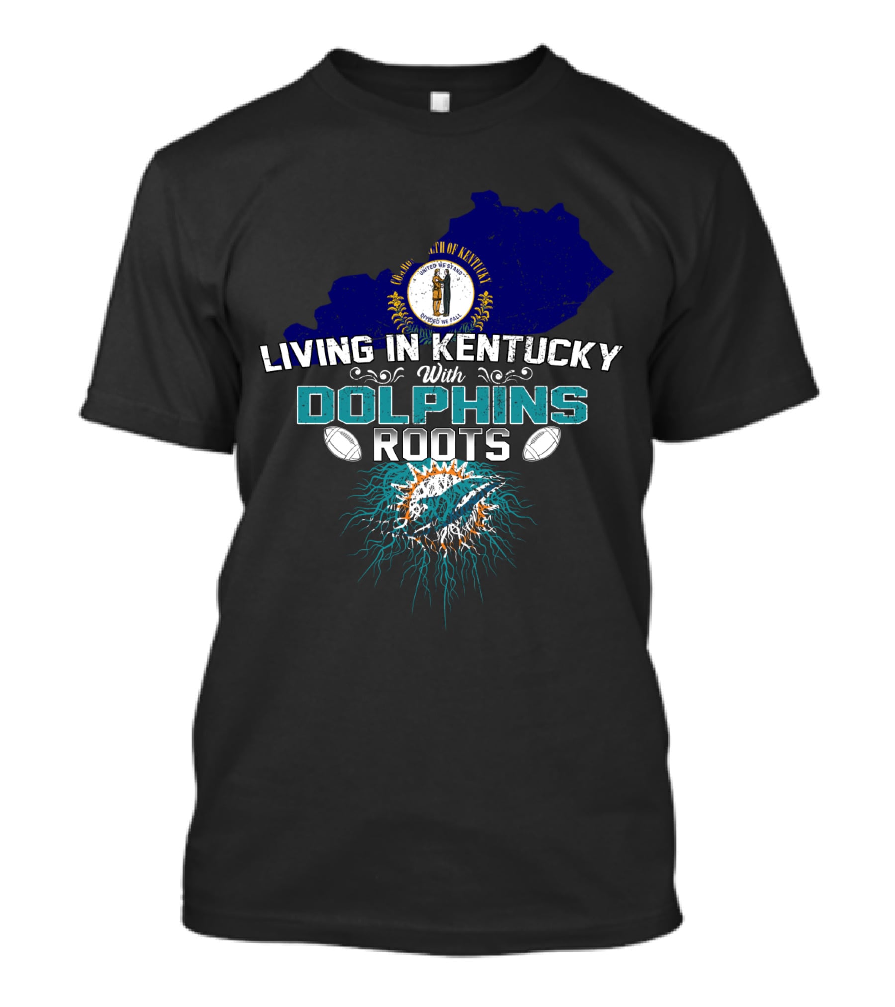 Living In Kentucky With Miami Dolphins Roots Kentucky State Seal Flag T-Shirt