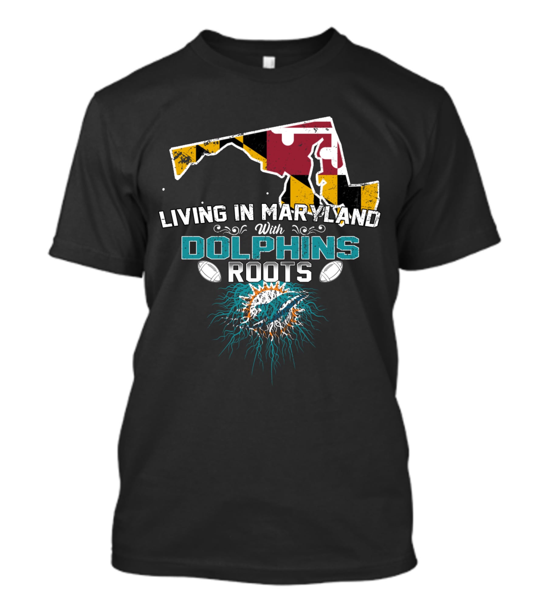 Living In Maryland With Miami Dolphins Roots Maryland Flag Map T-Shirt