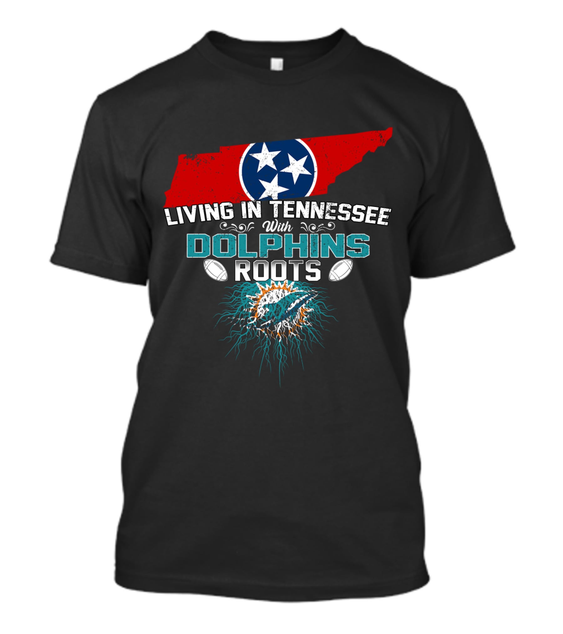 Living In Tennessee With Dolphins Roots Tennessee Map And Dolphins T-Shirt