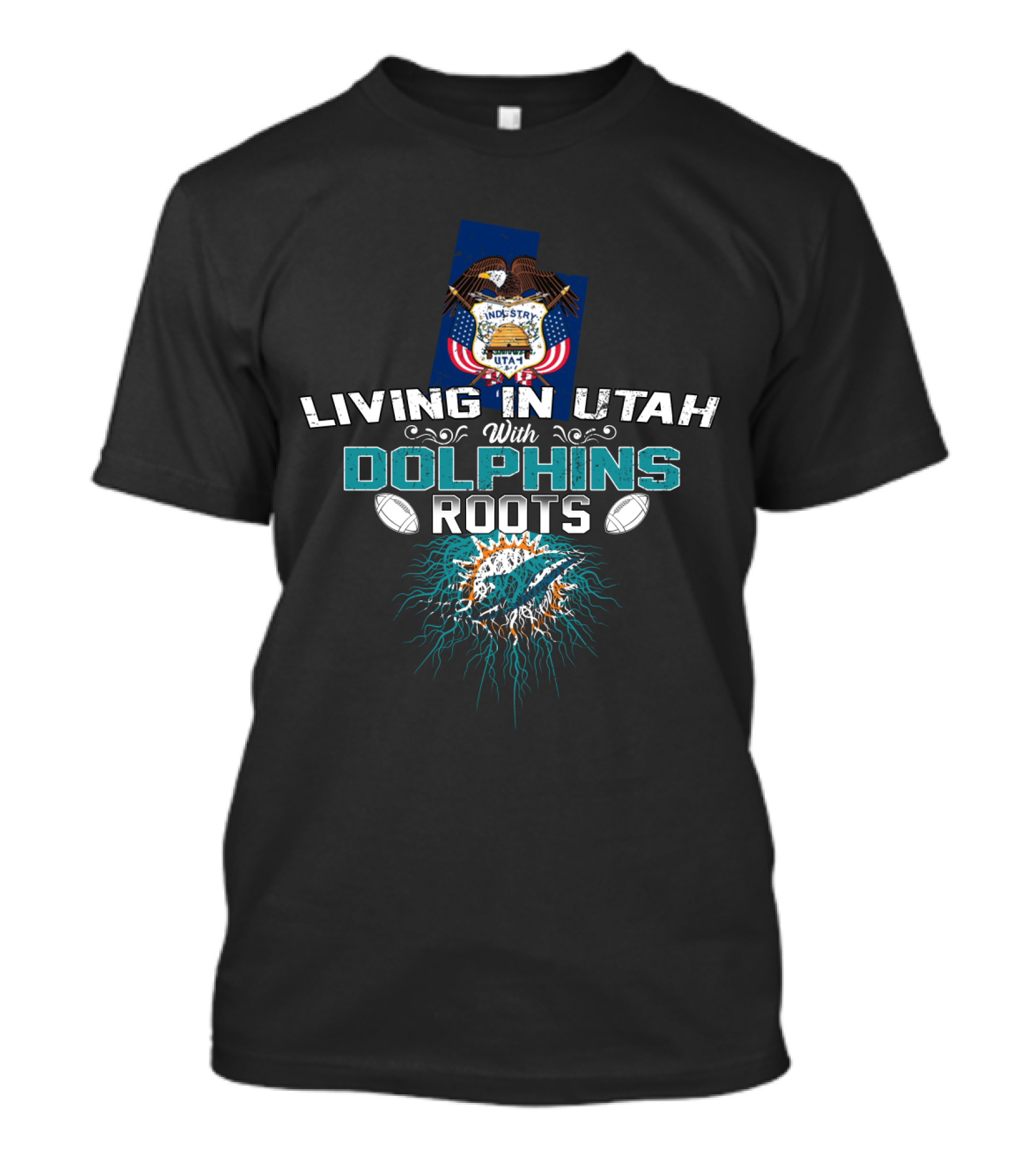 Living In Utah With Miami Dolphins Roots And Utah State Flag T-Shirt