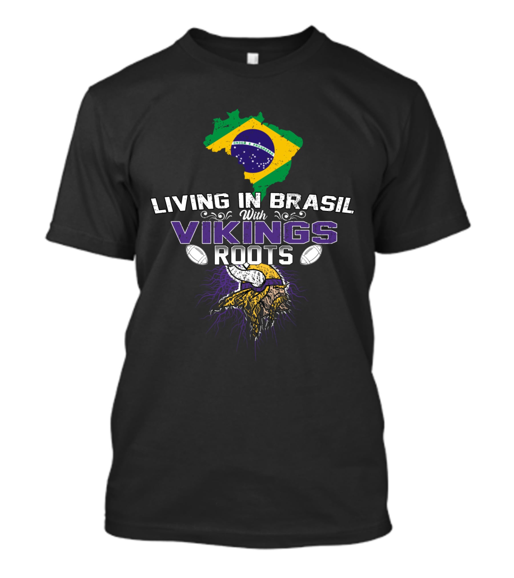 Living In Brasil With Vikings Roots Map And Viking Helmet With Footballs T-Shirt