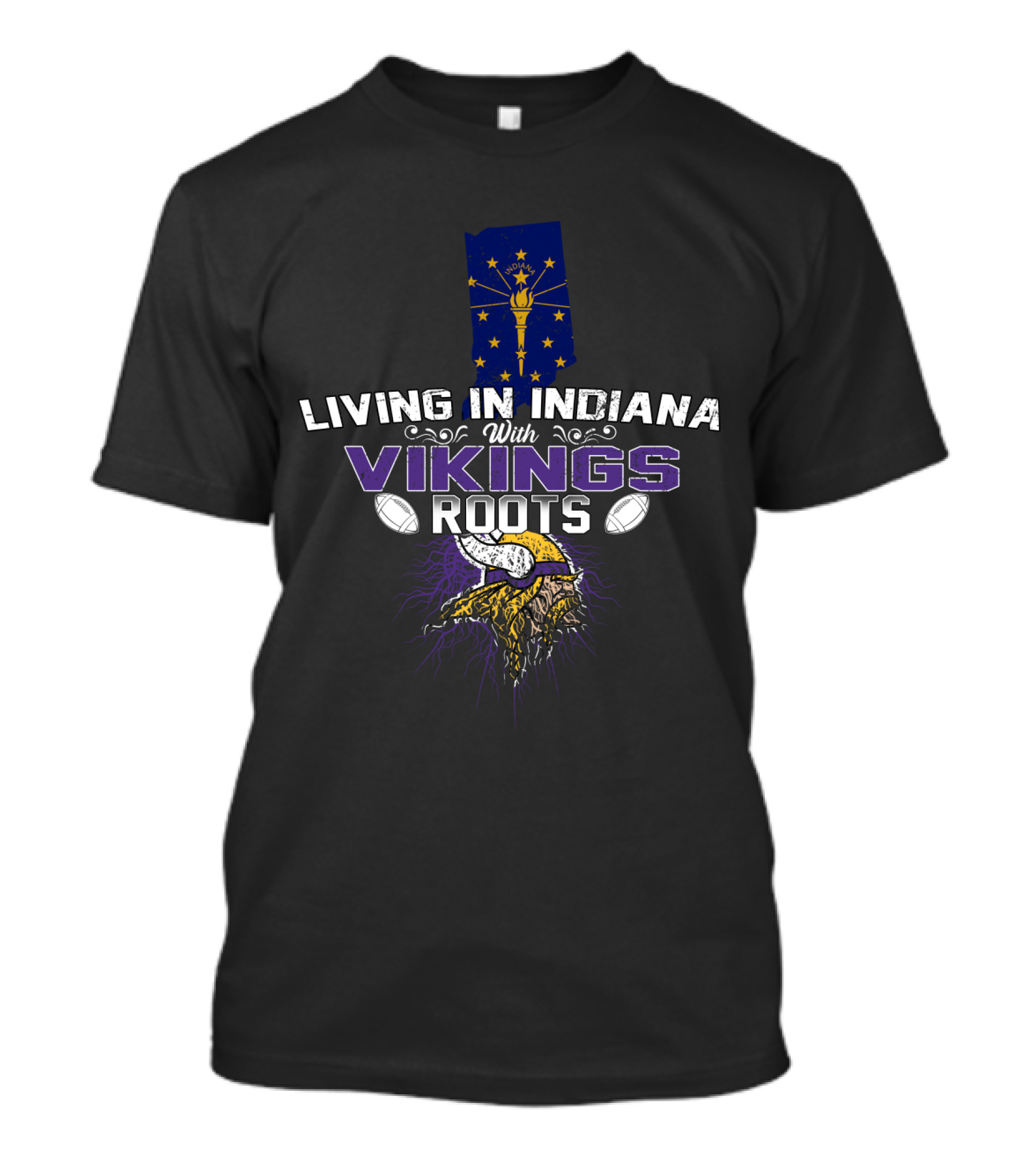 Living In Indiana With Vikings Roots Helmet And Indiana Flag Background T-Shirt