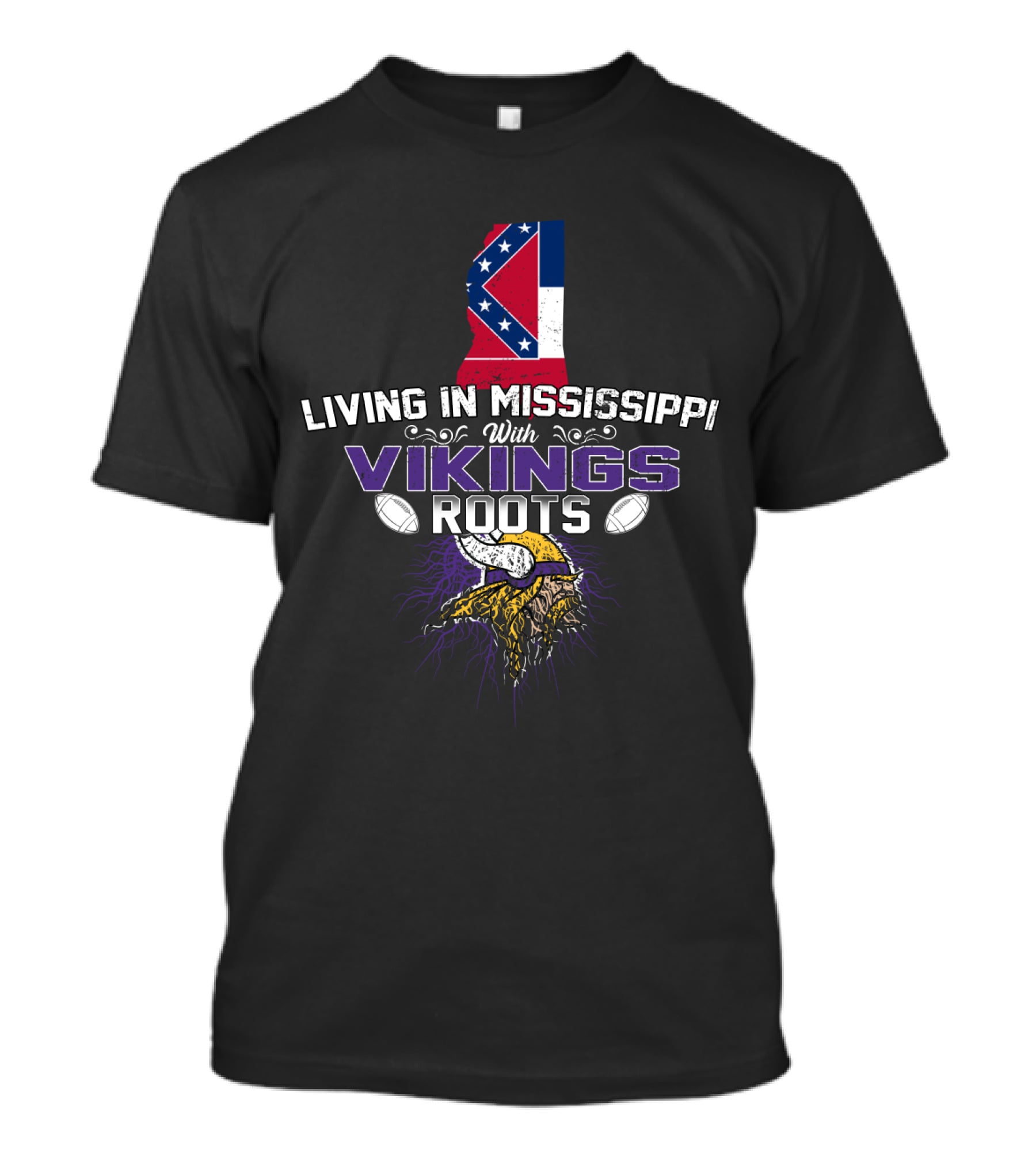 Living In Mississippi With Vikings Roots Featuring State Flag And Norse Symbolism T-Shirt