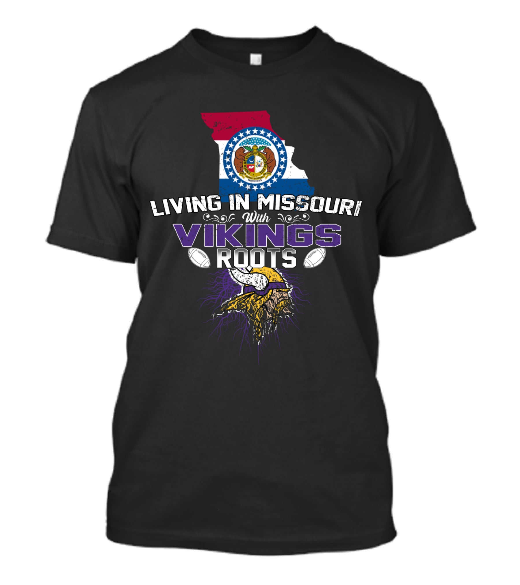 Living In Missouri With Vikings Roots Football And State Flag Elements T-Shirt