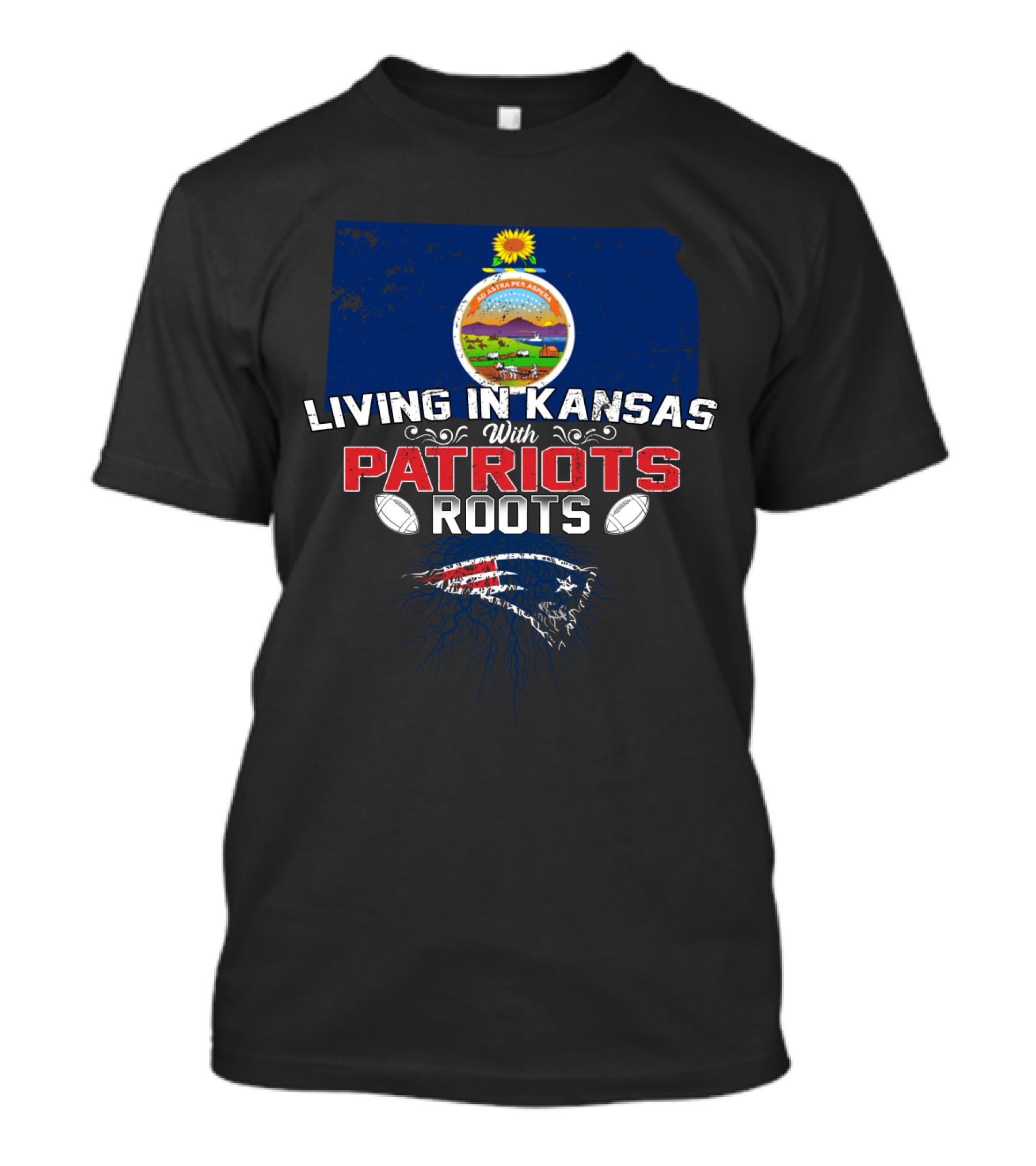 Living In Kansas With Patriots Roots Kansas State Flag And New England Football Team T-Shirt