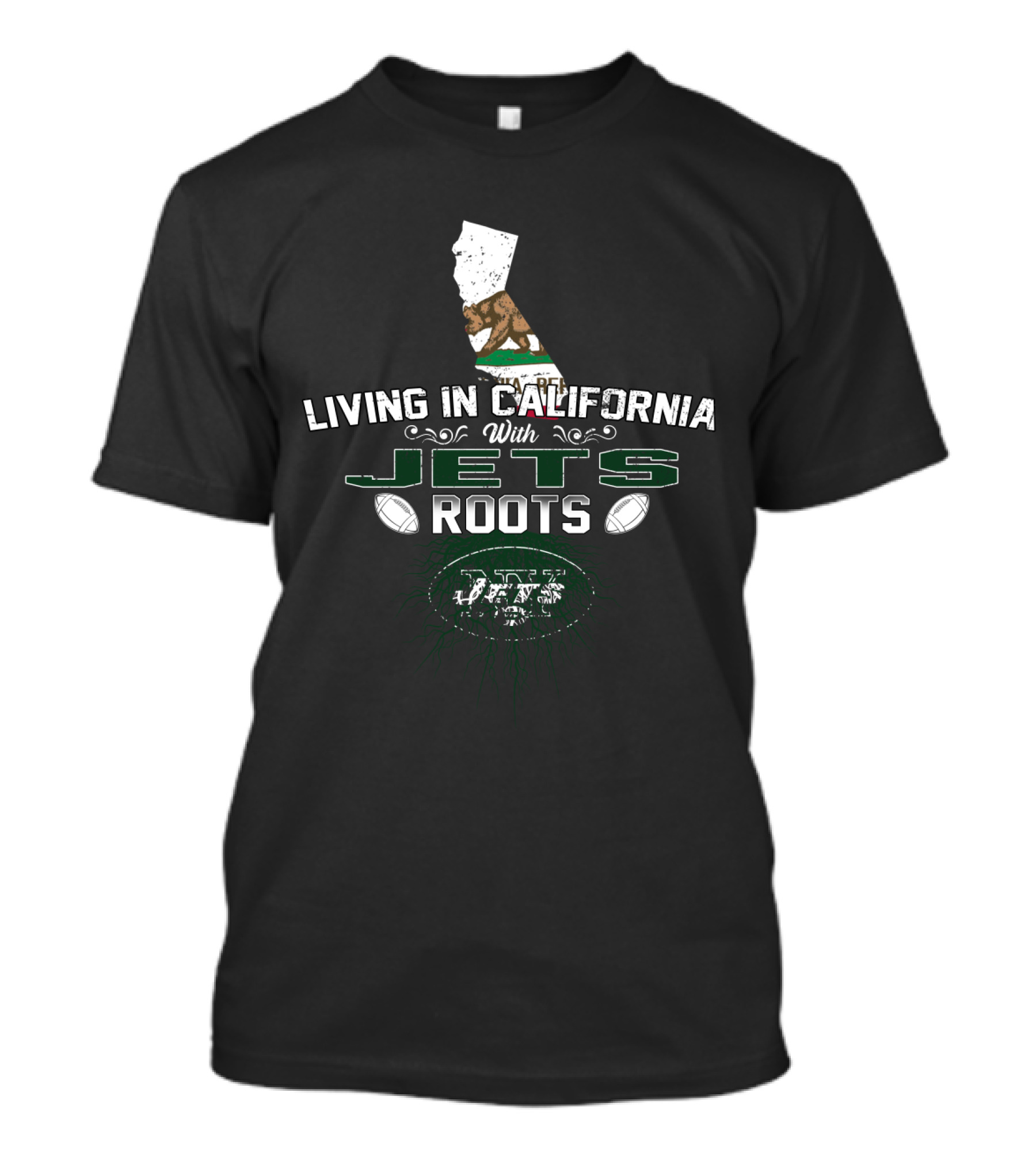 Living In California With Jets Roots Football Theme State Bear T-Shirt
