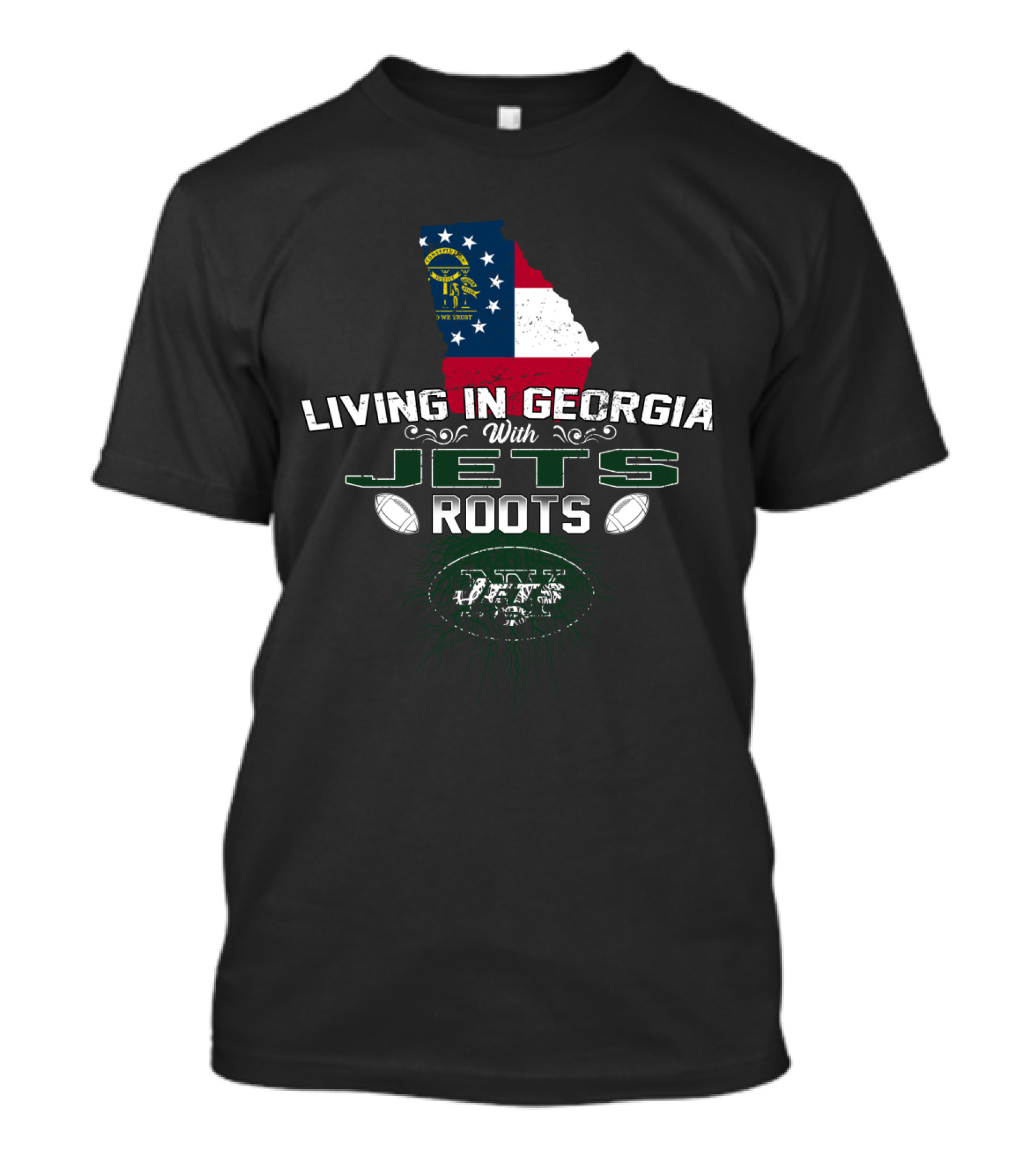 Living In Georgia With Jets Roots Georgia Flag NFL Football T-Shirt