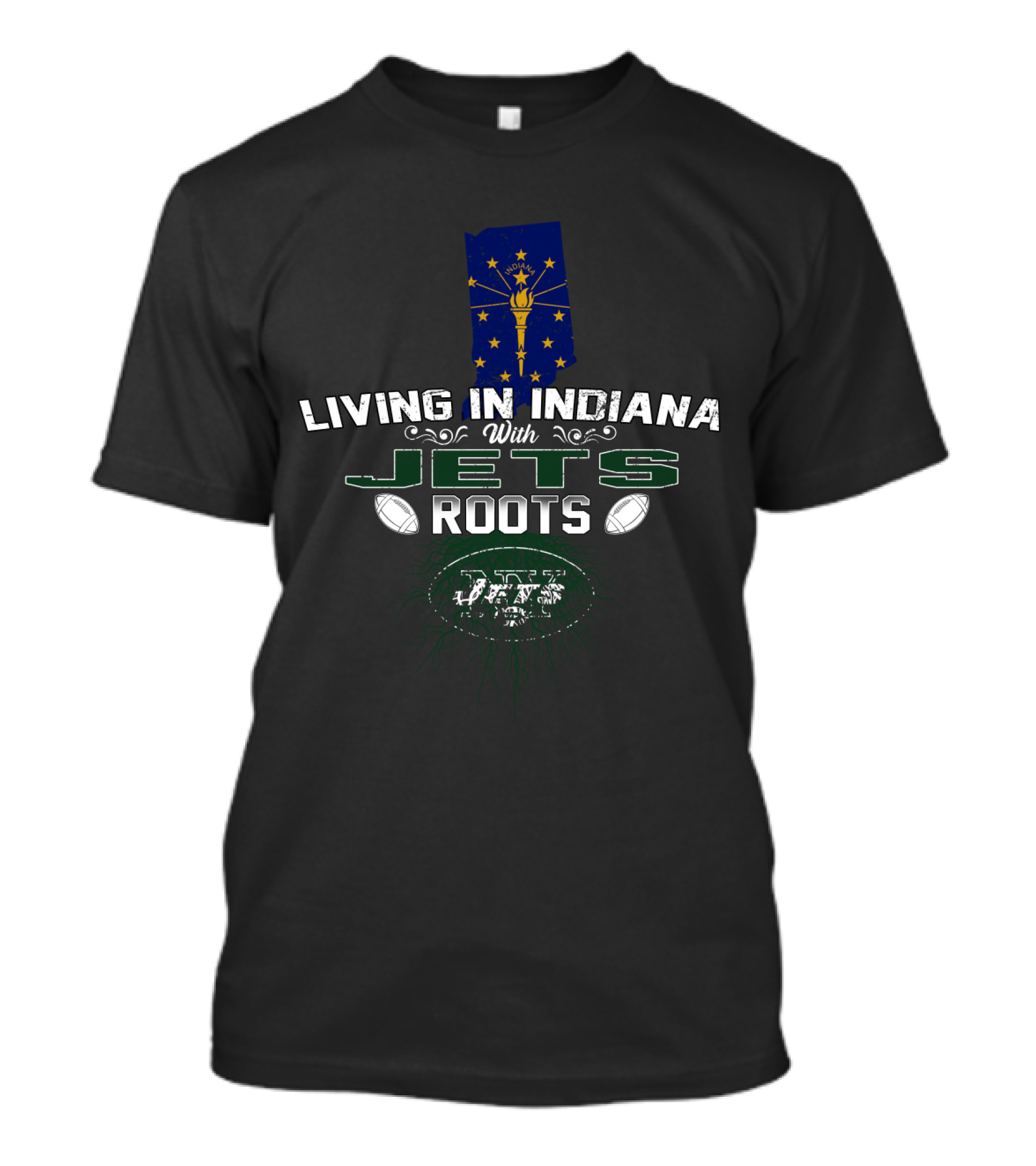 Living In Indiana With Jets Roots Indiana Flag Football Elements T-Shirt