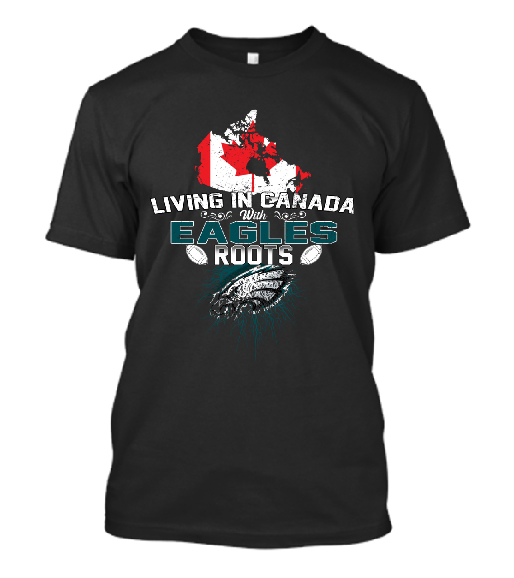 Living In Canada With Eagles Roots Football Theme And Maple Leaf Canada Map T-Shirt