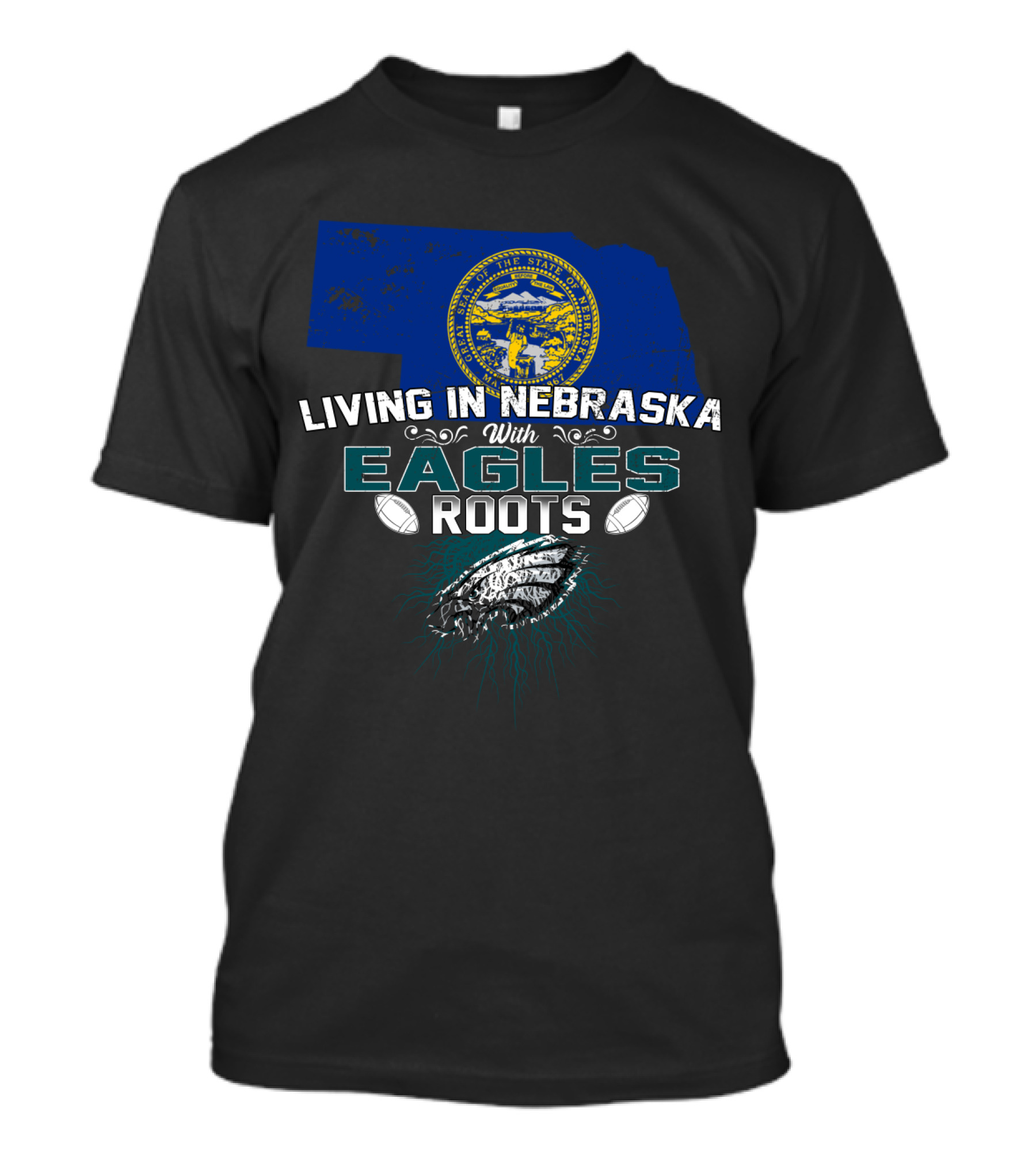 Living In Nebraska With Eagles Roots Football State Map Heritage T-Shirt