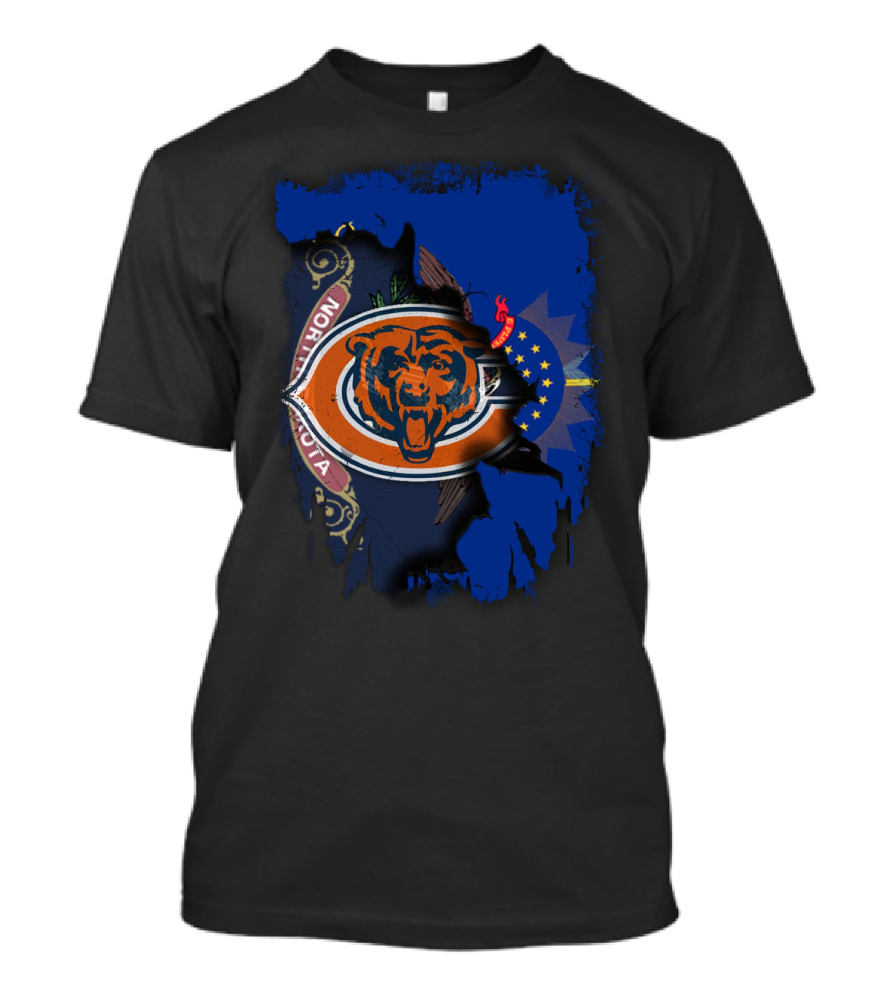 North Dakota Flag With Chicago Bears Logo Fusion T-Shirt