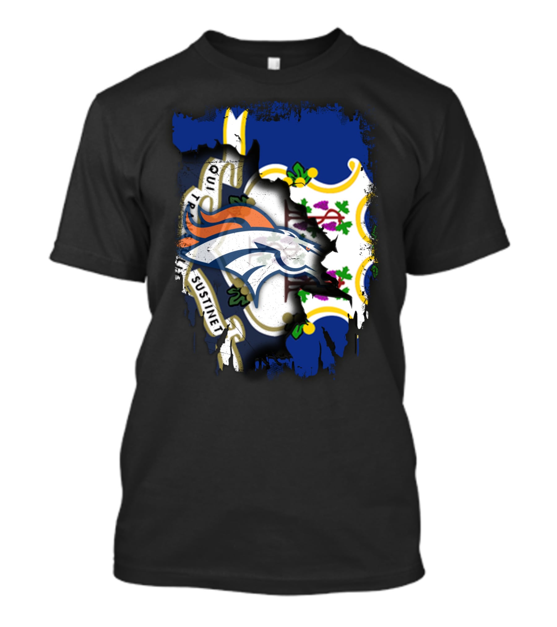 Connecticut And Broncos Logo Fusion With State Motto Motif T-Shirt