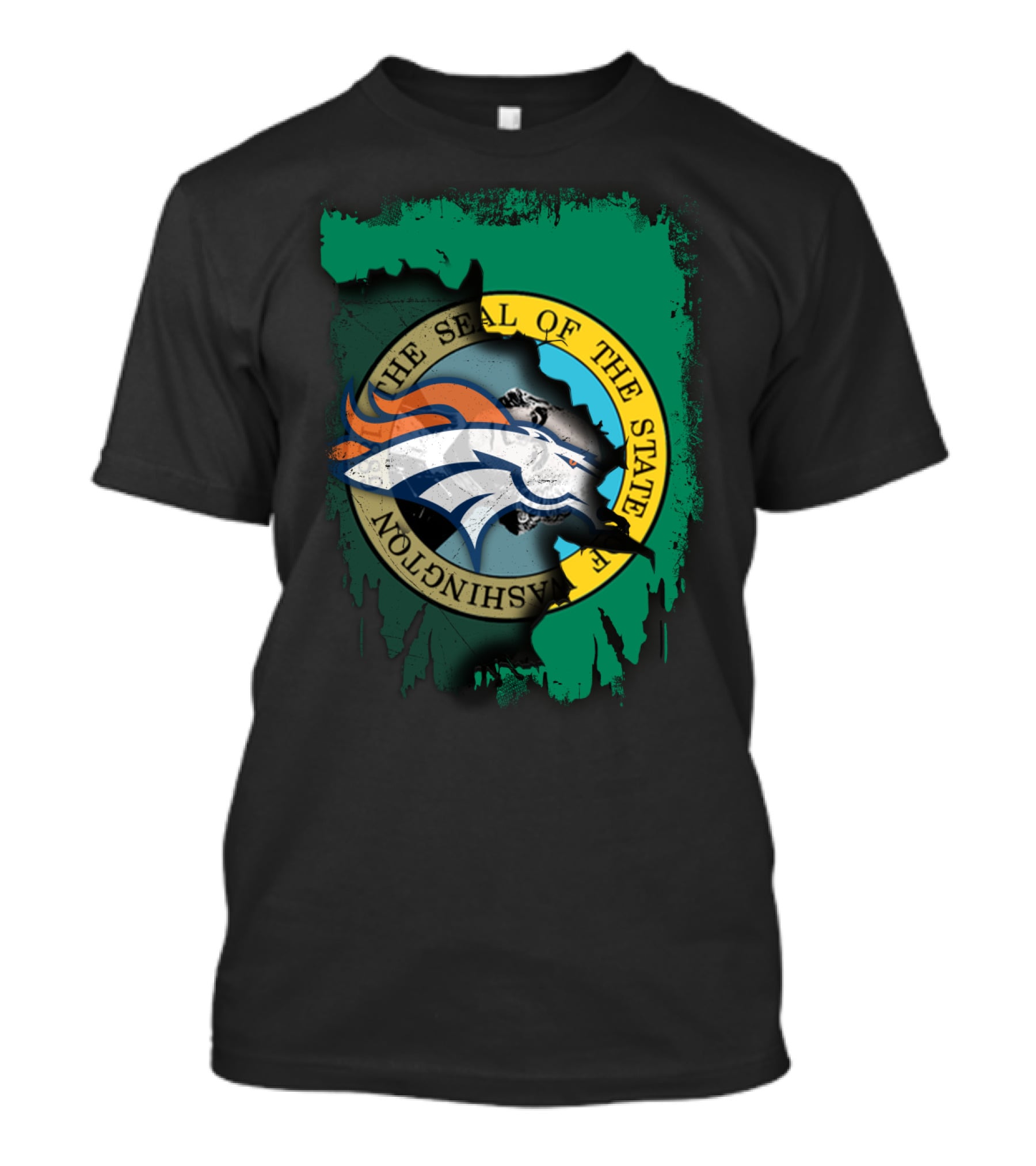 The Seal Of The State Of Washington With Broncos Logo Fusion T-Shirt