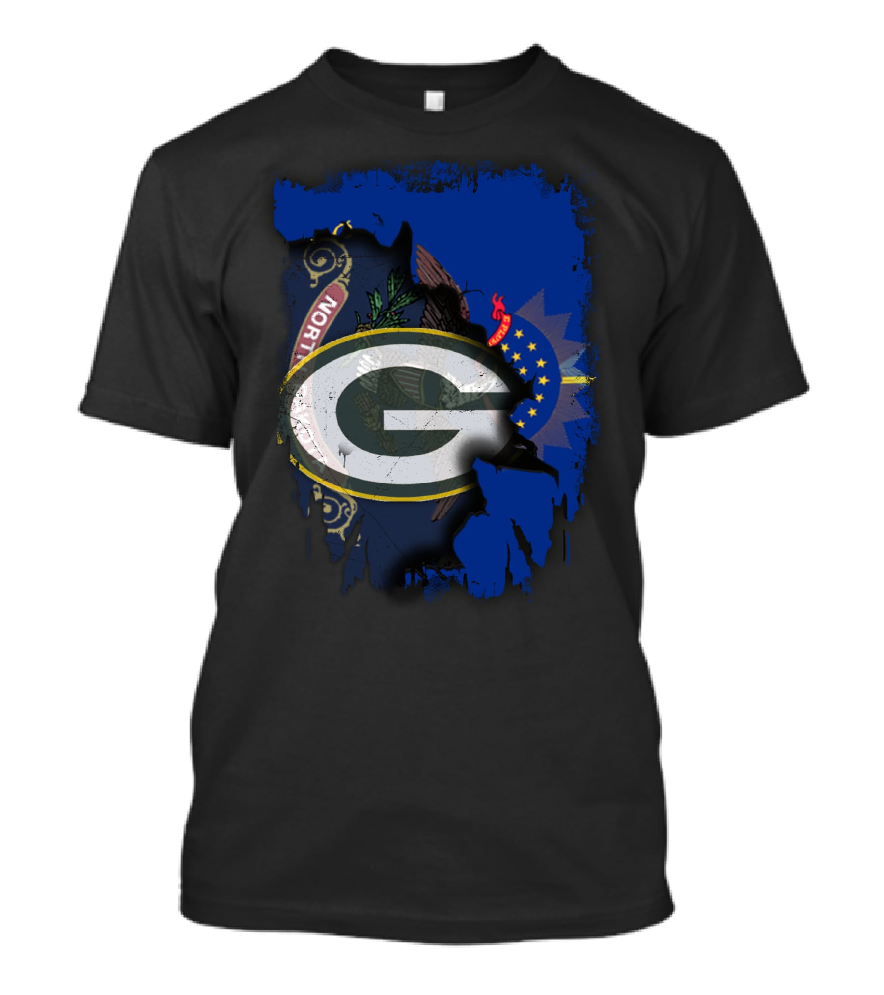Green Bay Packers Logo Overlaid On North Dakota Flag T-Shirt