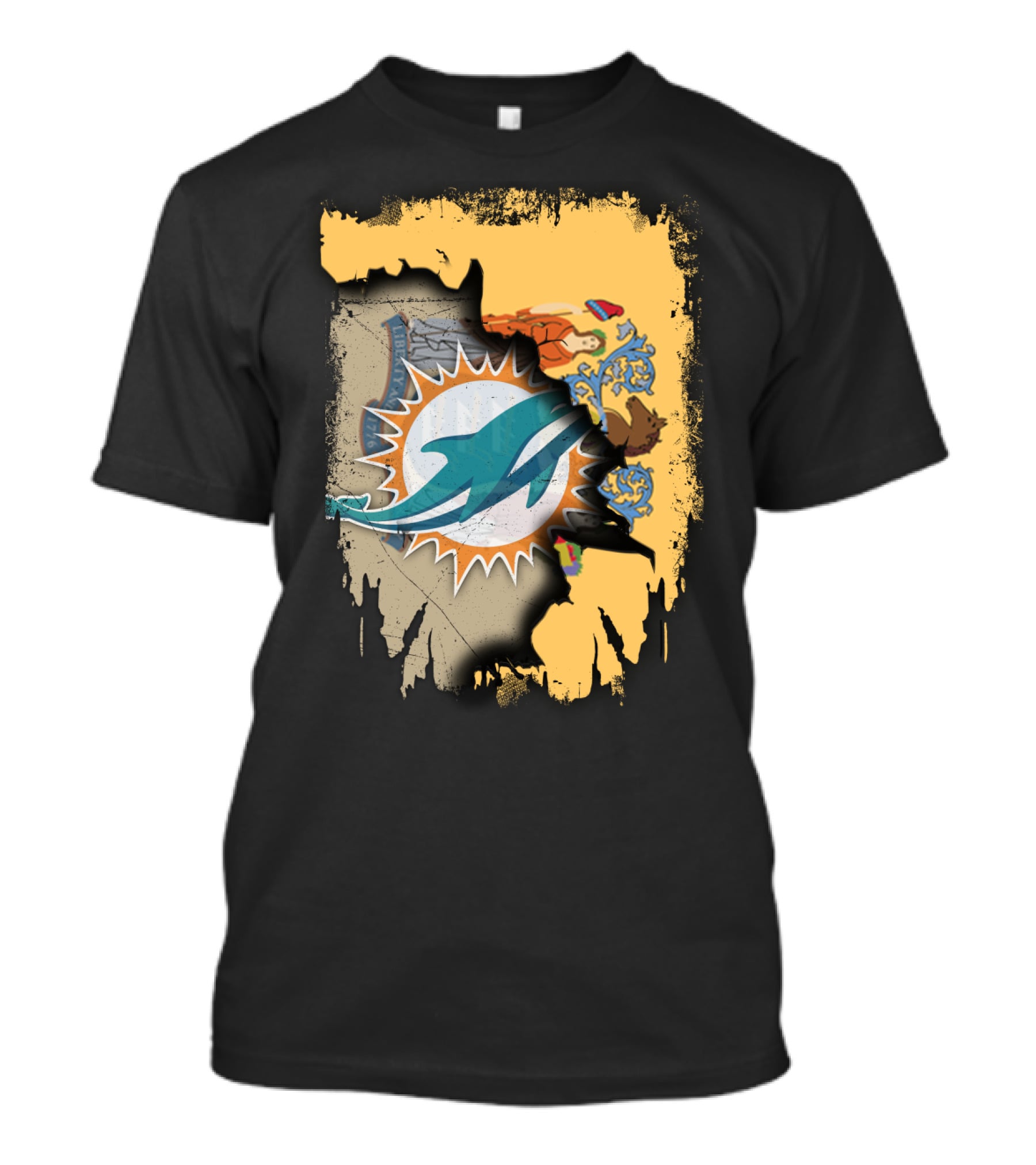 New Jersey Emblem With Miami Dolphins Logo Peeking Through T-Shirt
