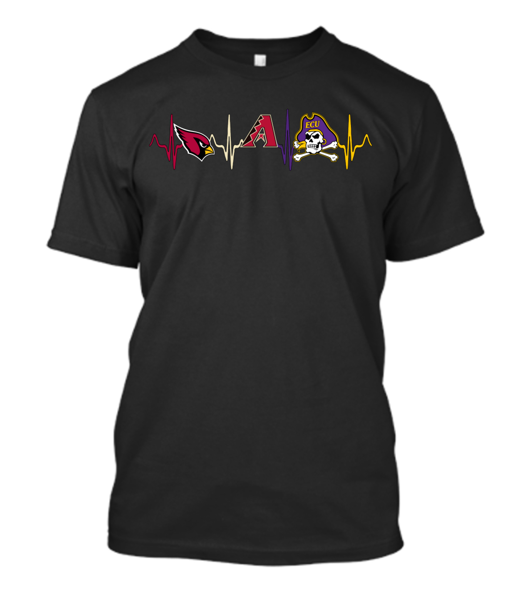Cardinals Diamondbacks Ecu Pirate Skull Heartbeat Lines T-Shirt