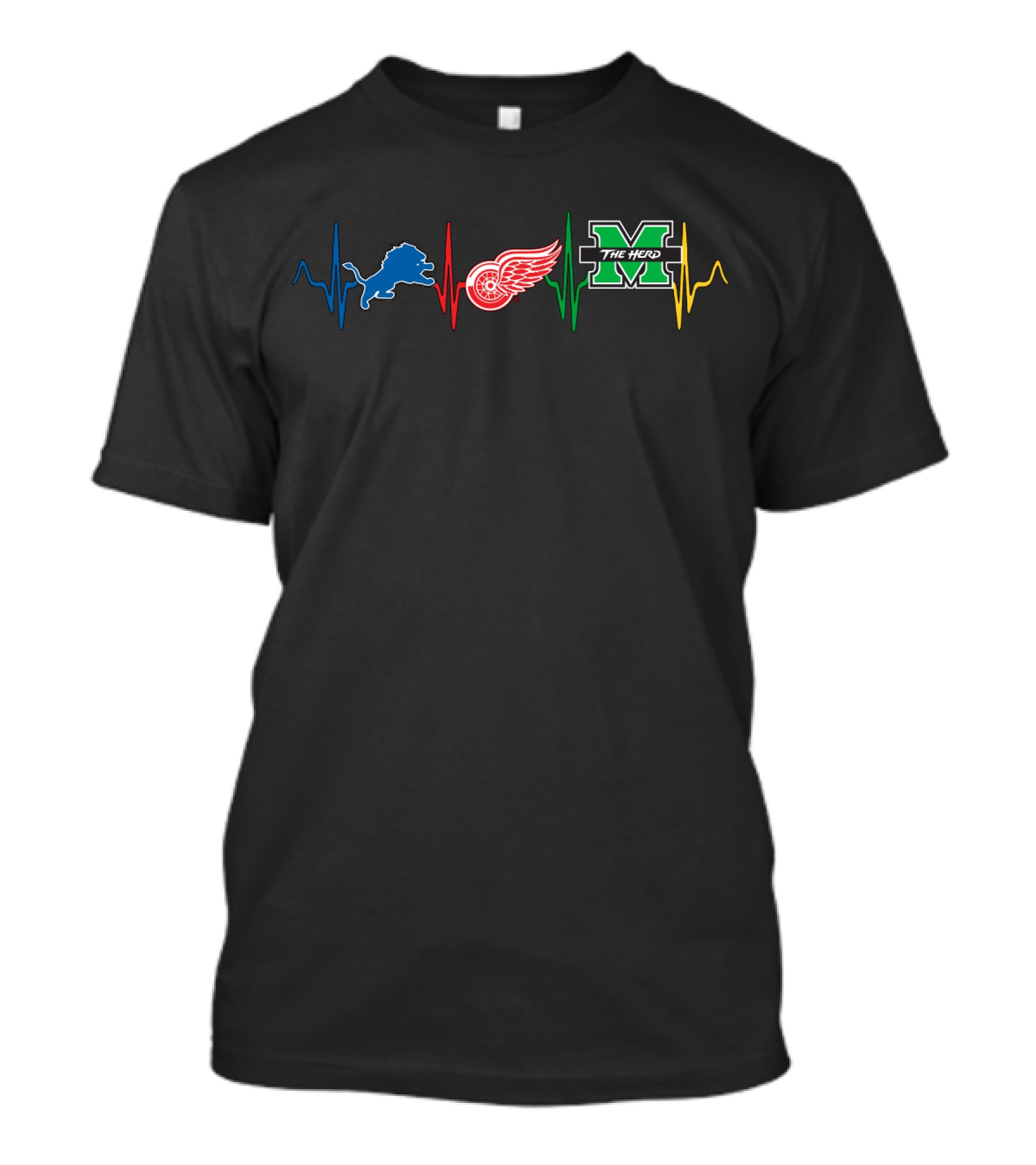 Detroit Lions Red Wings Marshall Thundering Herd Heartbeat T-Shirt