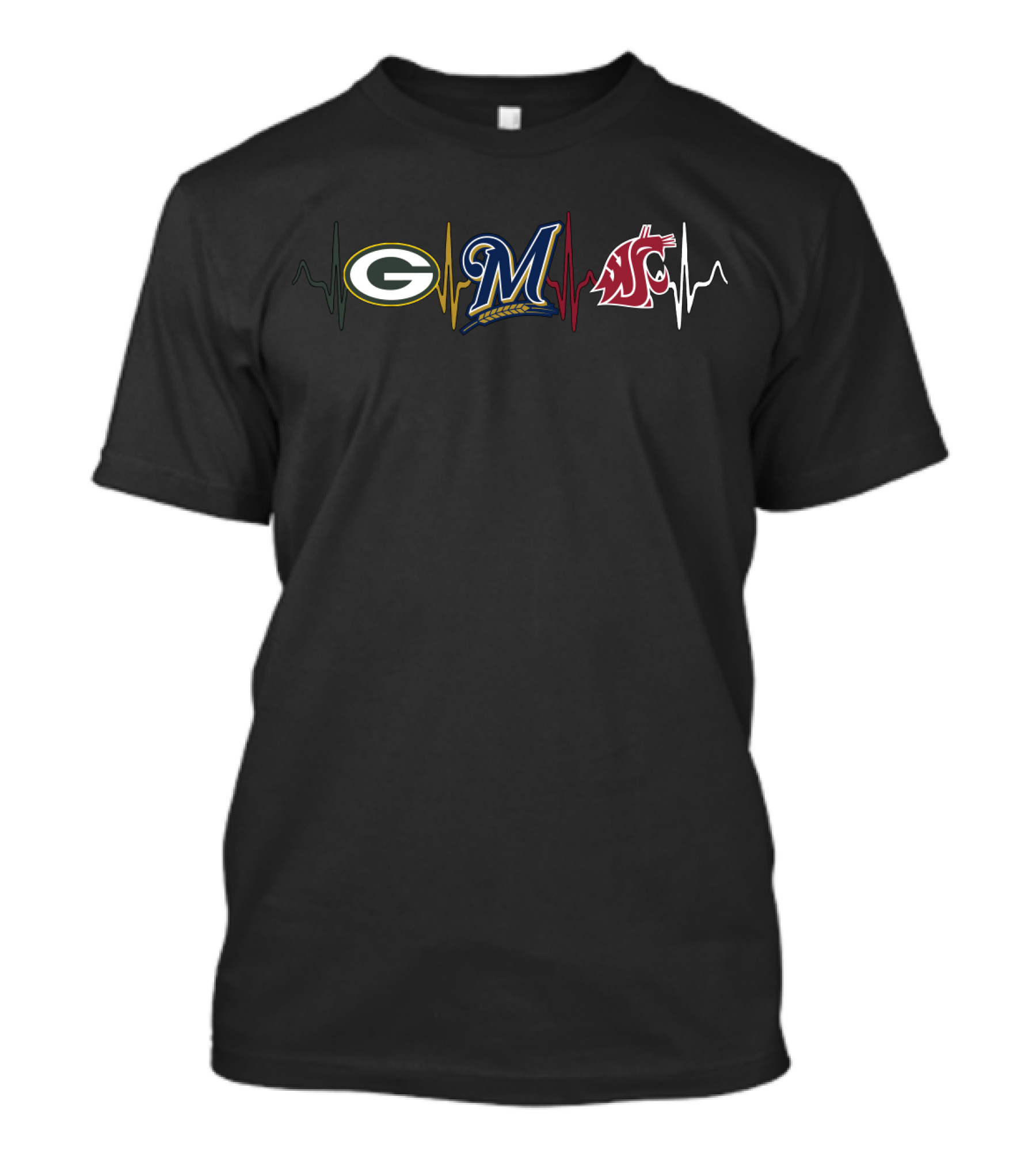 Green Bay Packers Milwaukee Brewers Washington State Cougars Heartbeat T-Shirt