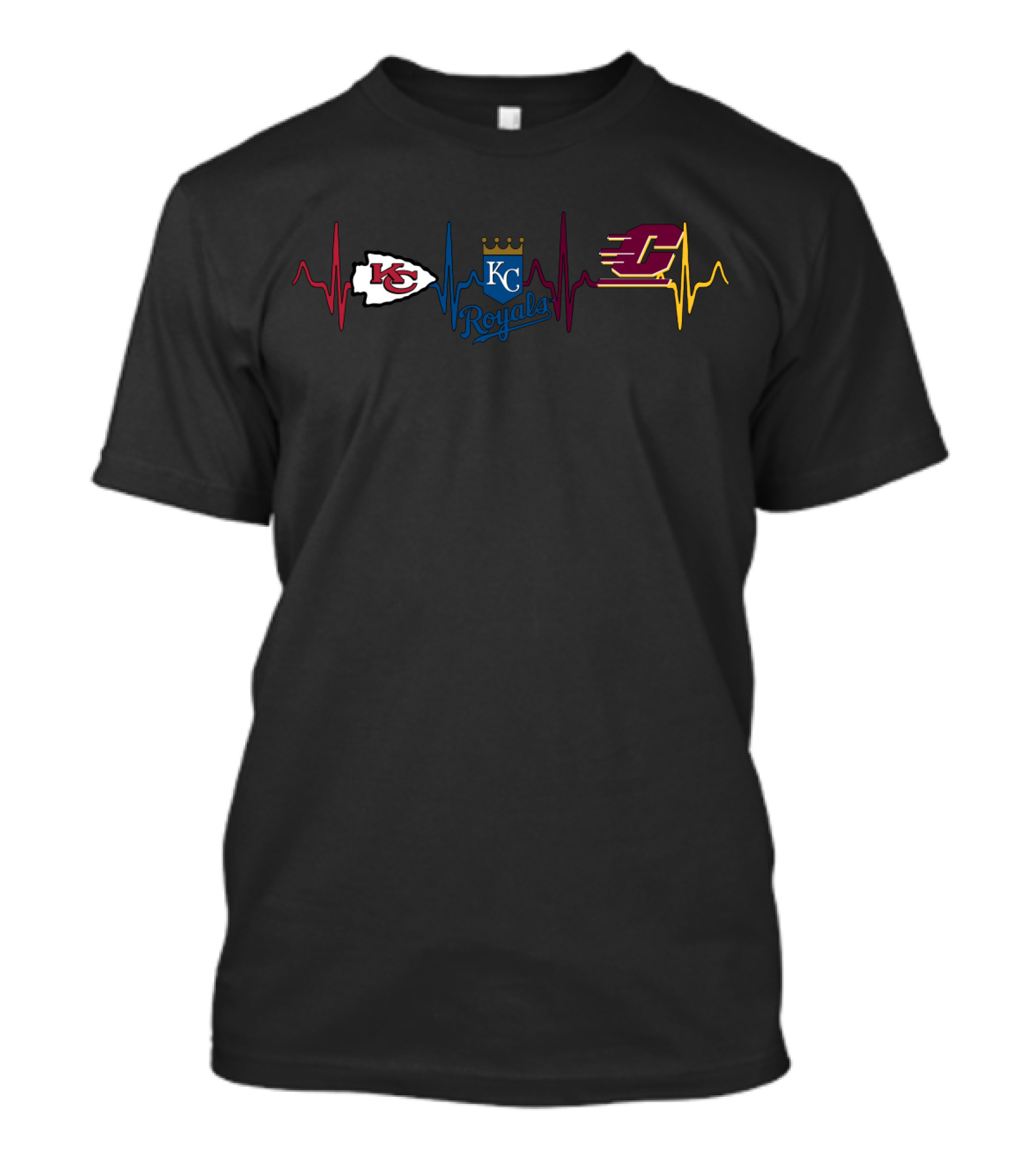 Love Kansas City Chiefs Royals Central Michigan Chippewas Heartbeat T-Shirt