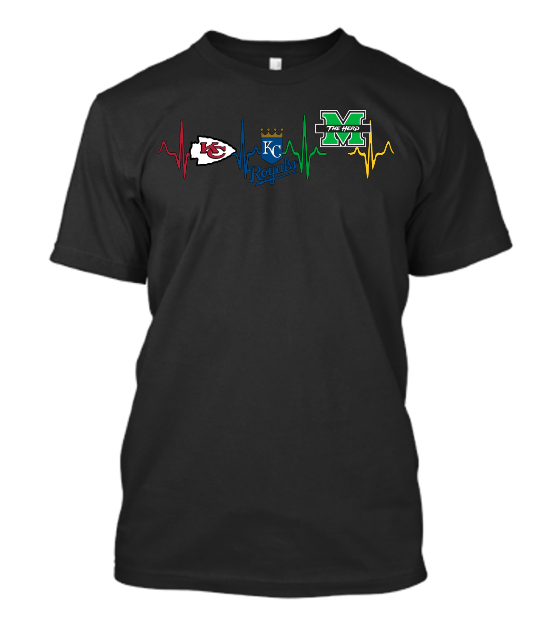 Kansas City Chiefs And Royals With Marshall Thundering Herd Heartbeat T-Shirt