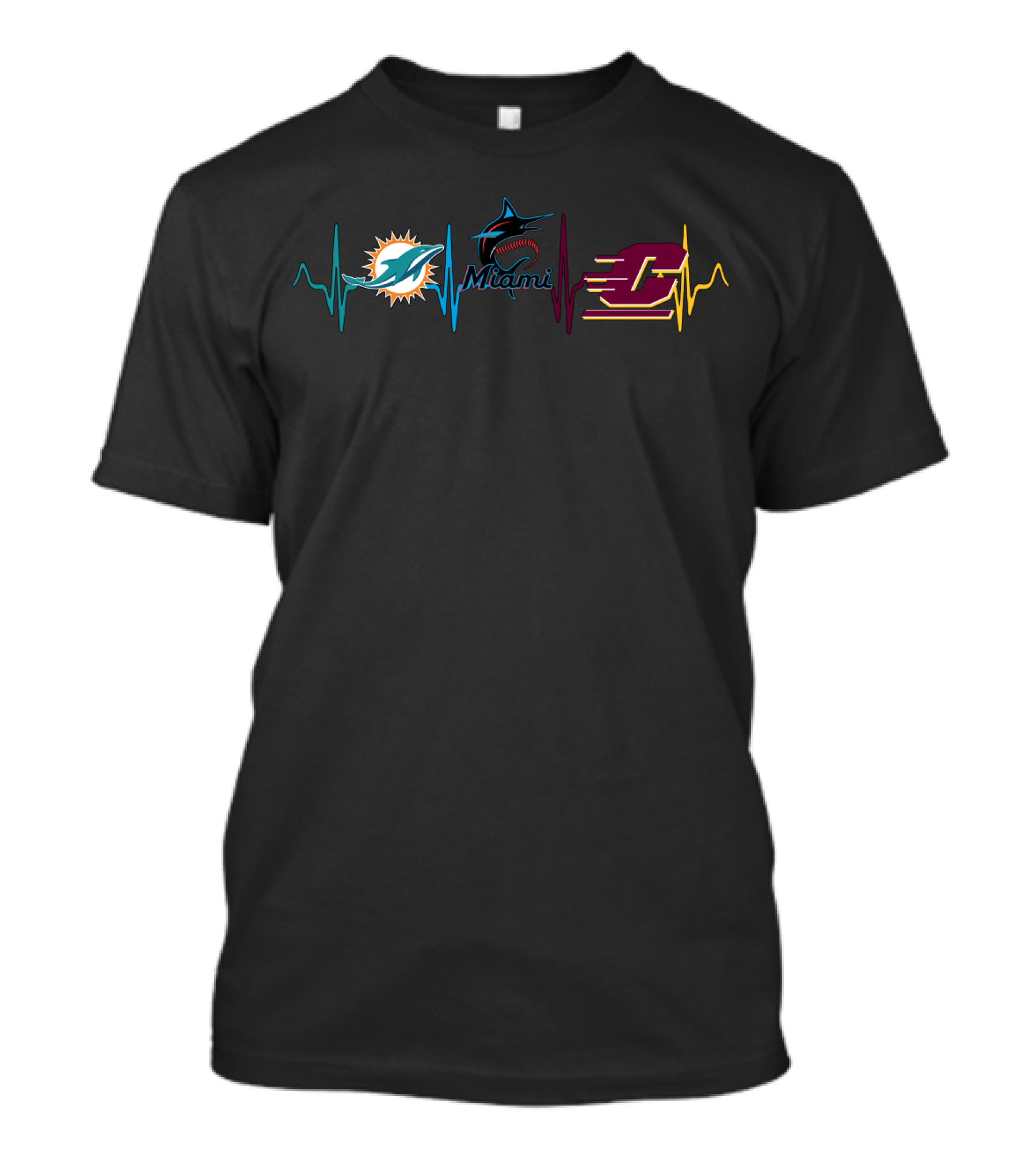 Miami Dolphins Miami Marlins Central Michigan Chippewas Heartbeat T-Shirt