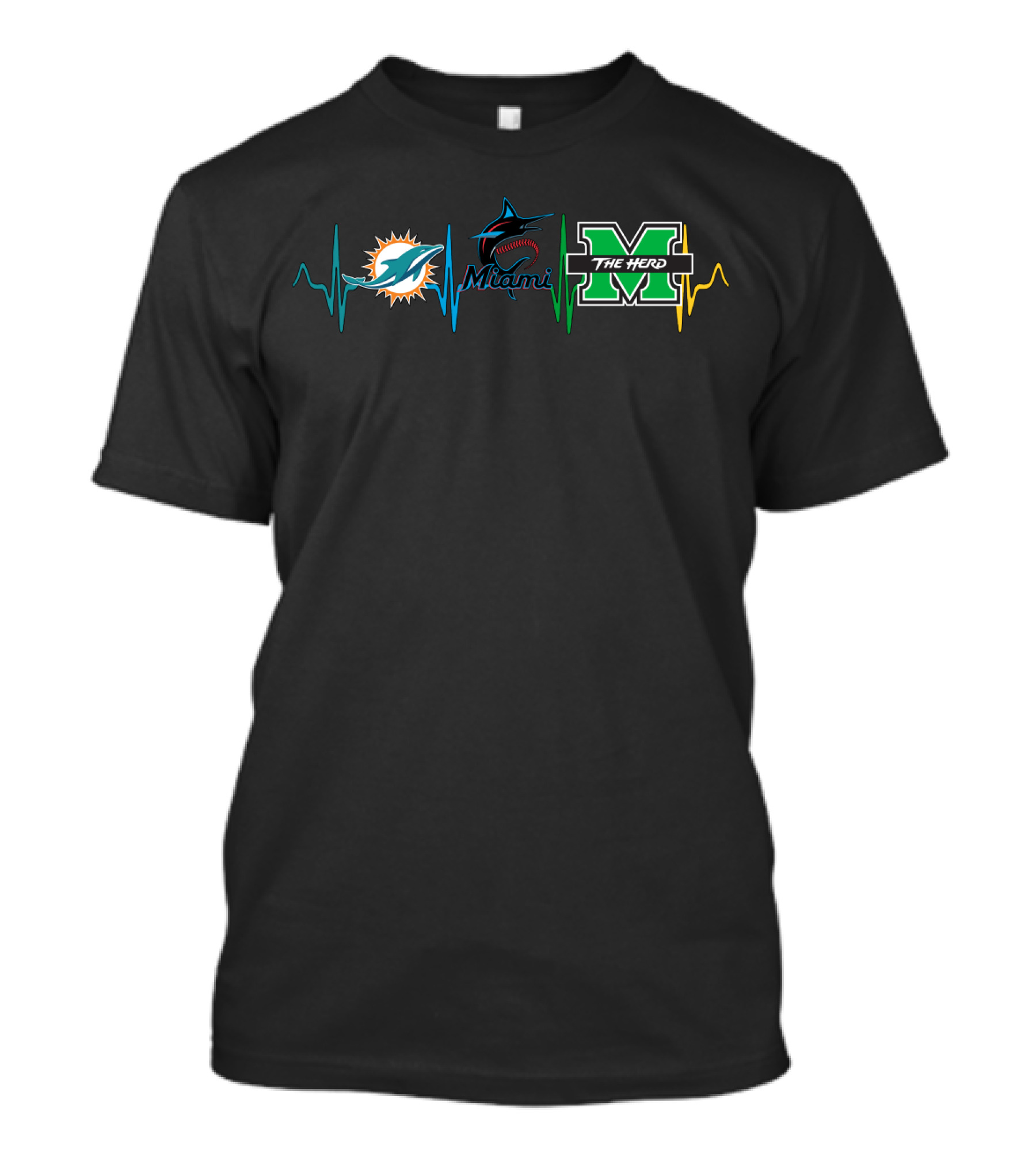 Miami Dolphins Marlins Marshall Thundering Herd Heartbeat T-Shirt