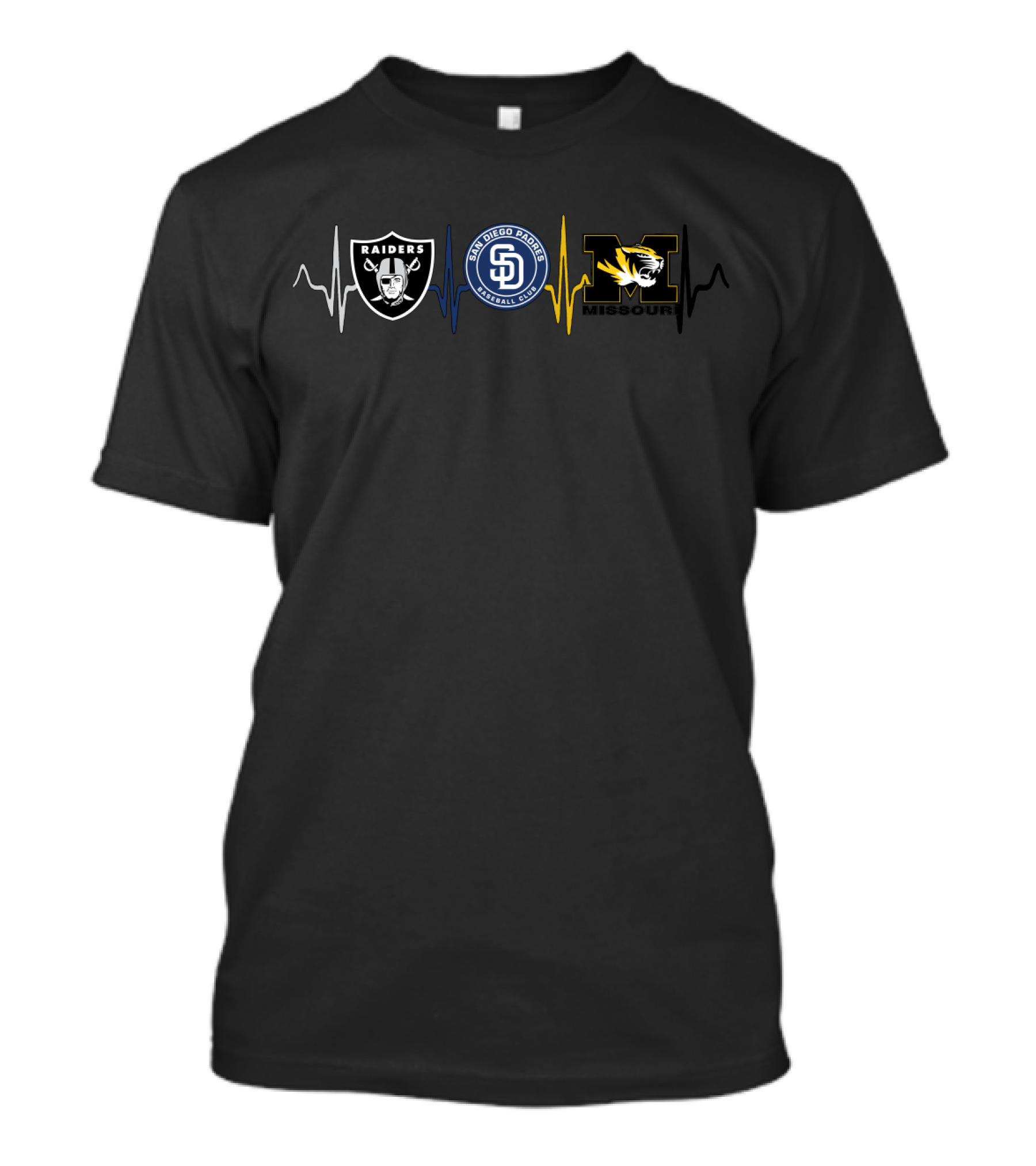 Raiders San Diego Padres Missouri Tigers Fan Heartbeat T-Shirt