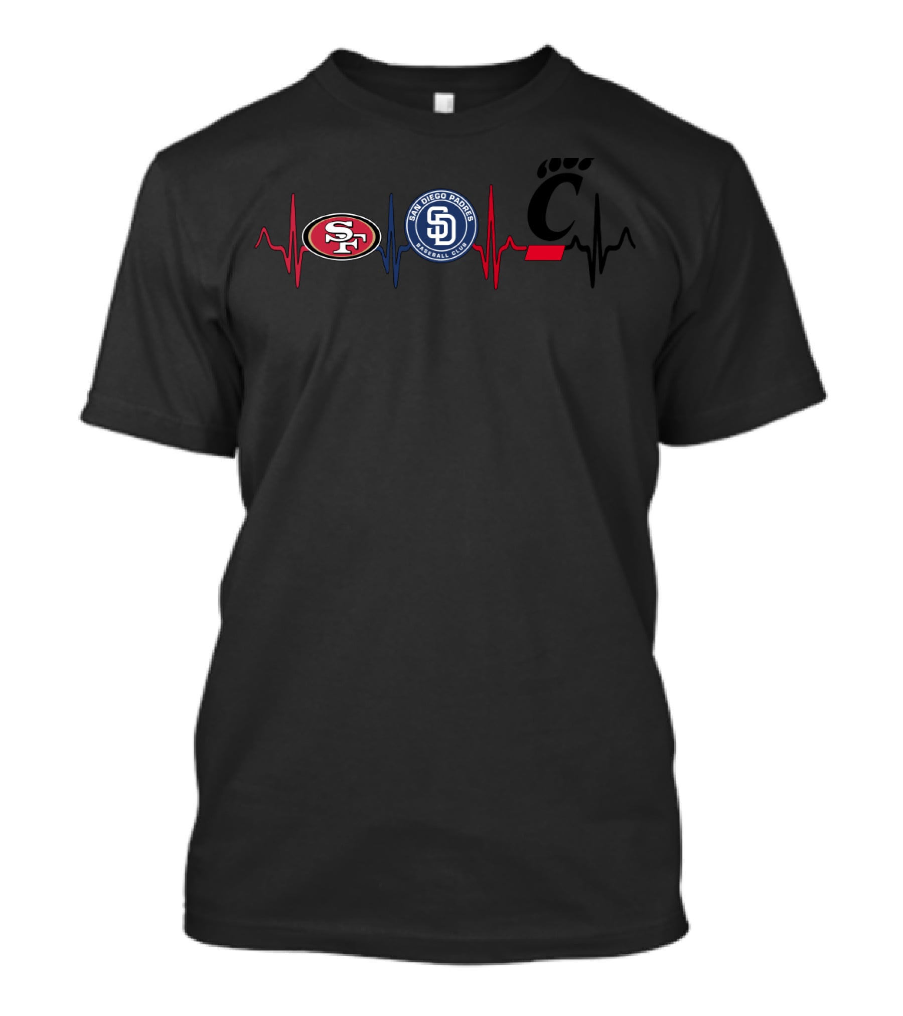Love 49ers San Diego Padres Cincinnati Bearcats Heartbeat T-Shirt