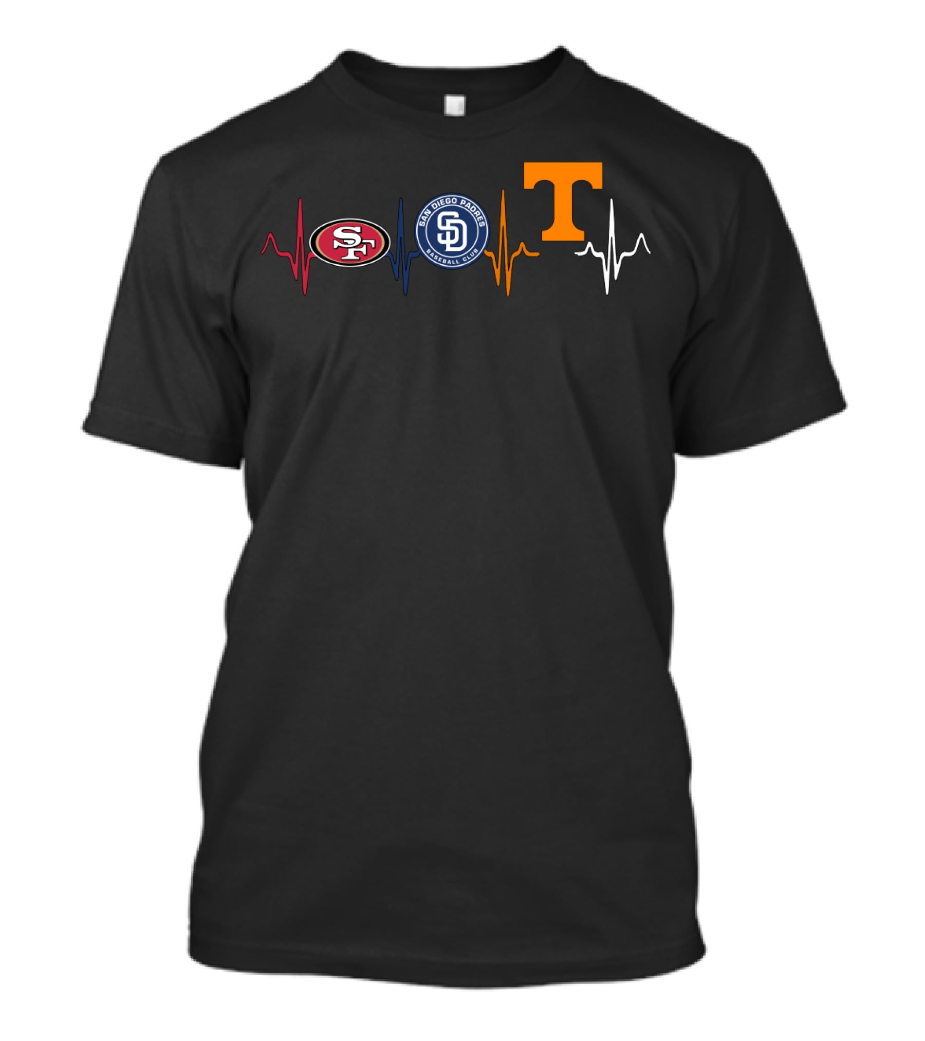 Love 49ers Padres Tennessee Volunteers Heartbeat T-Shirt