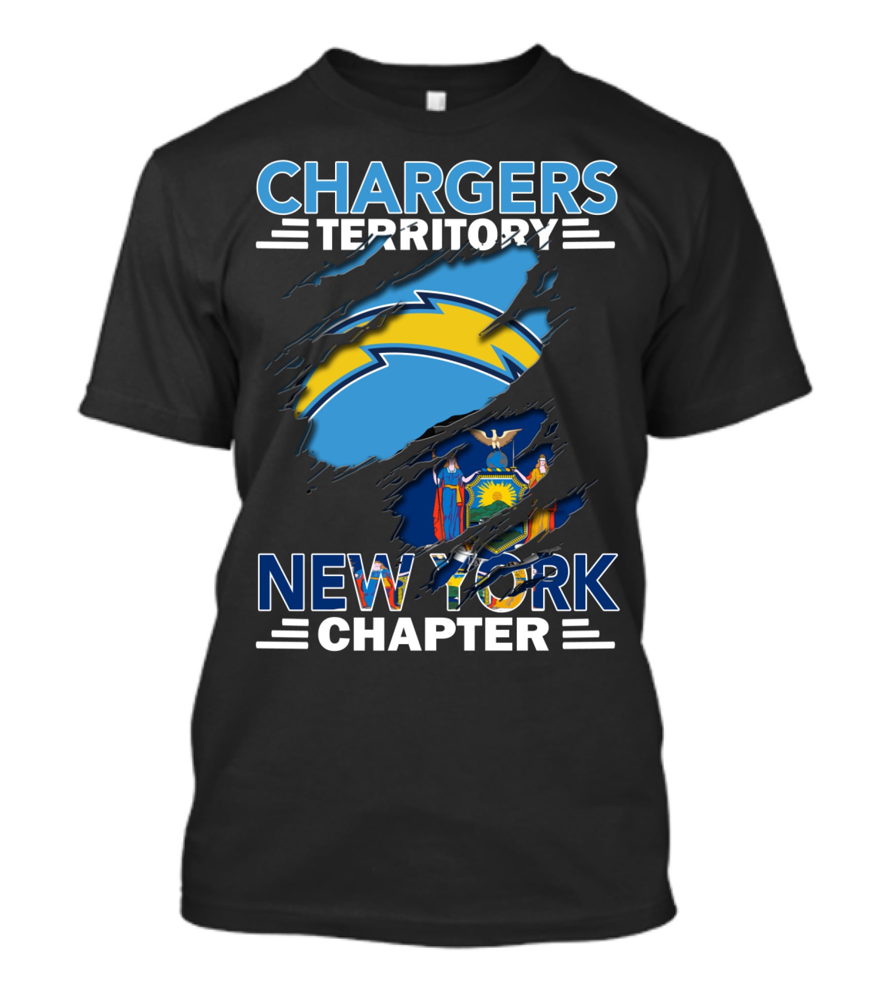 Chargers Territory New York Chapter Logo With Lightning Bolt And New York State Flag T-Shirt