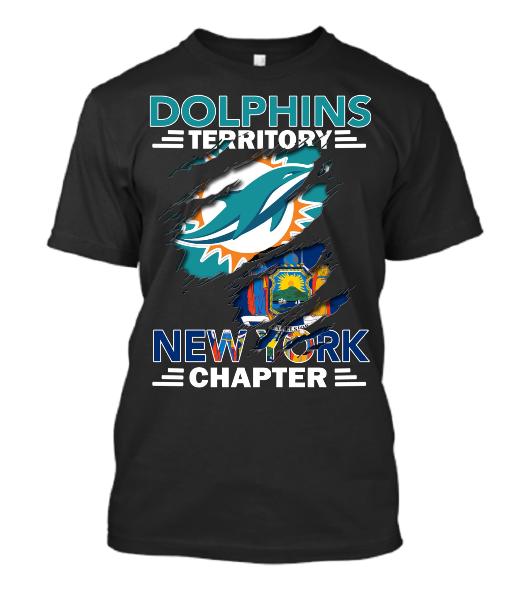 Dolphins Territory New York Chapter Miami Dolphins New York State Flag T-Shirt