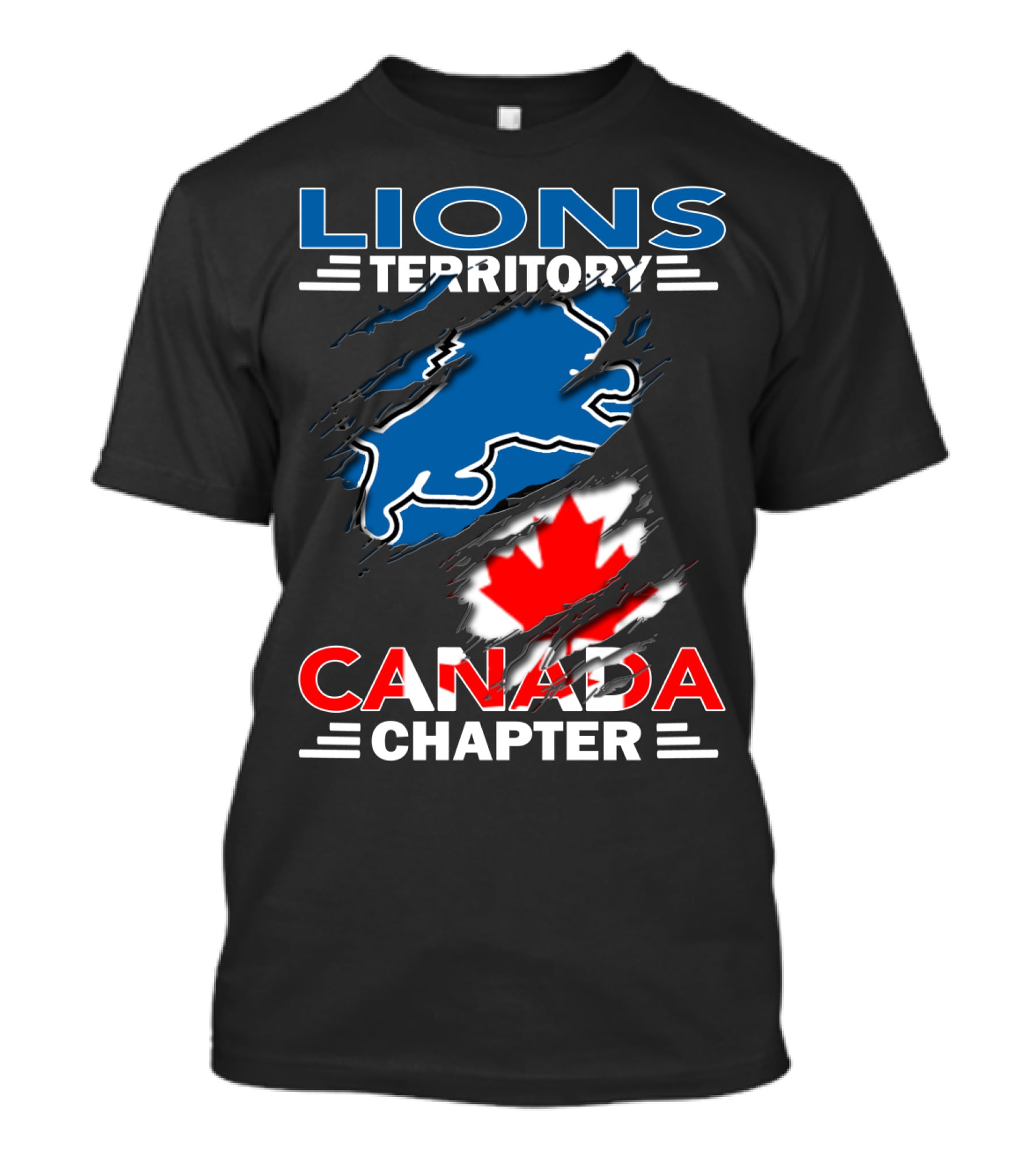 Lions Territory Canada Chapter Blue Lion Silhouette Red Maple Leaf T-Shirt
