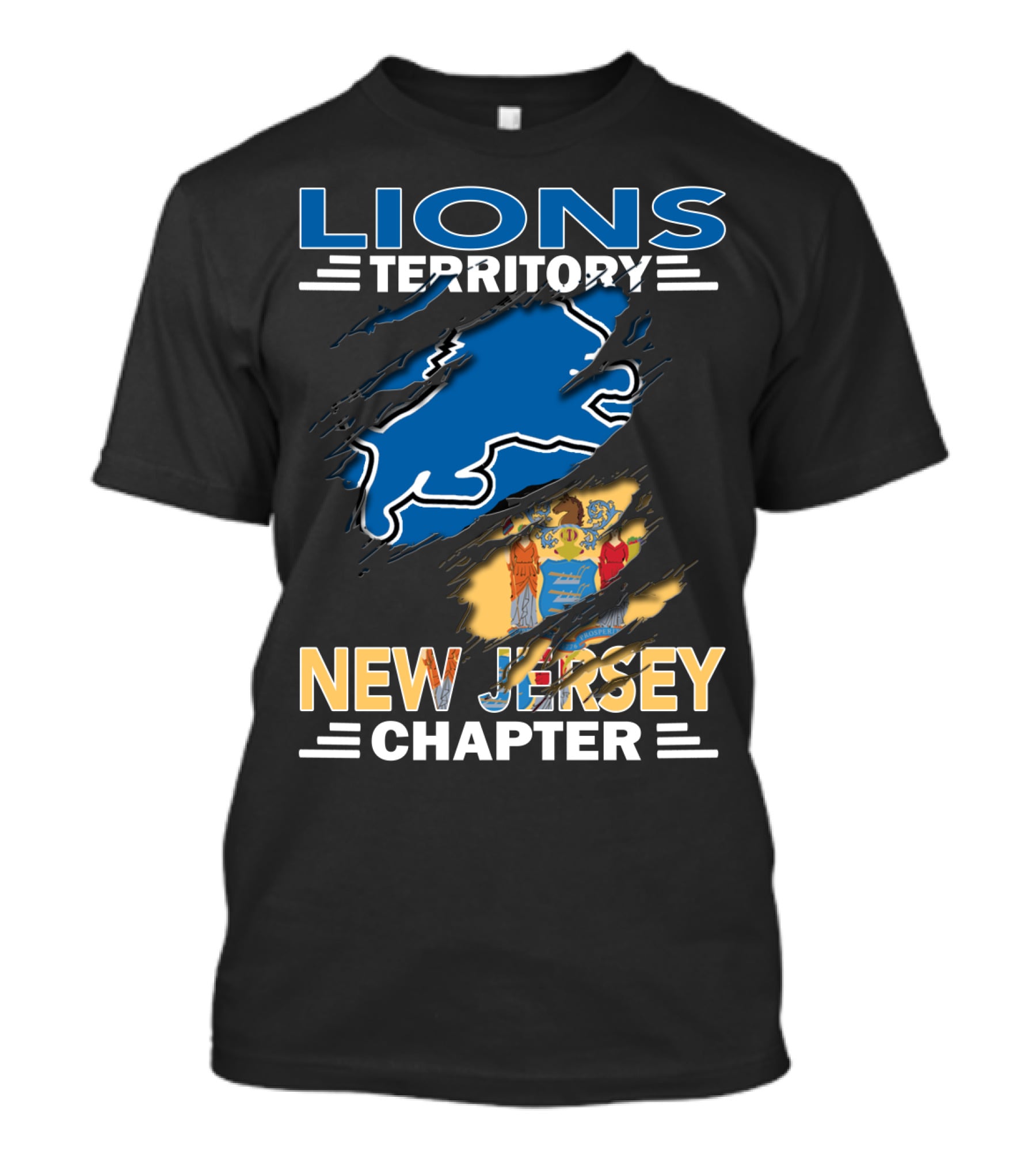 Lions Territory New Jersey Chapter Blue Silhouette And State Flag Elements T-Shirt