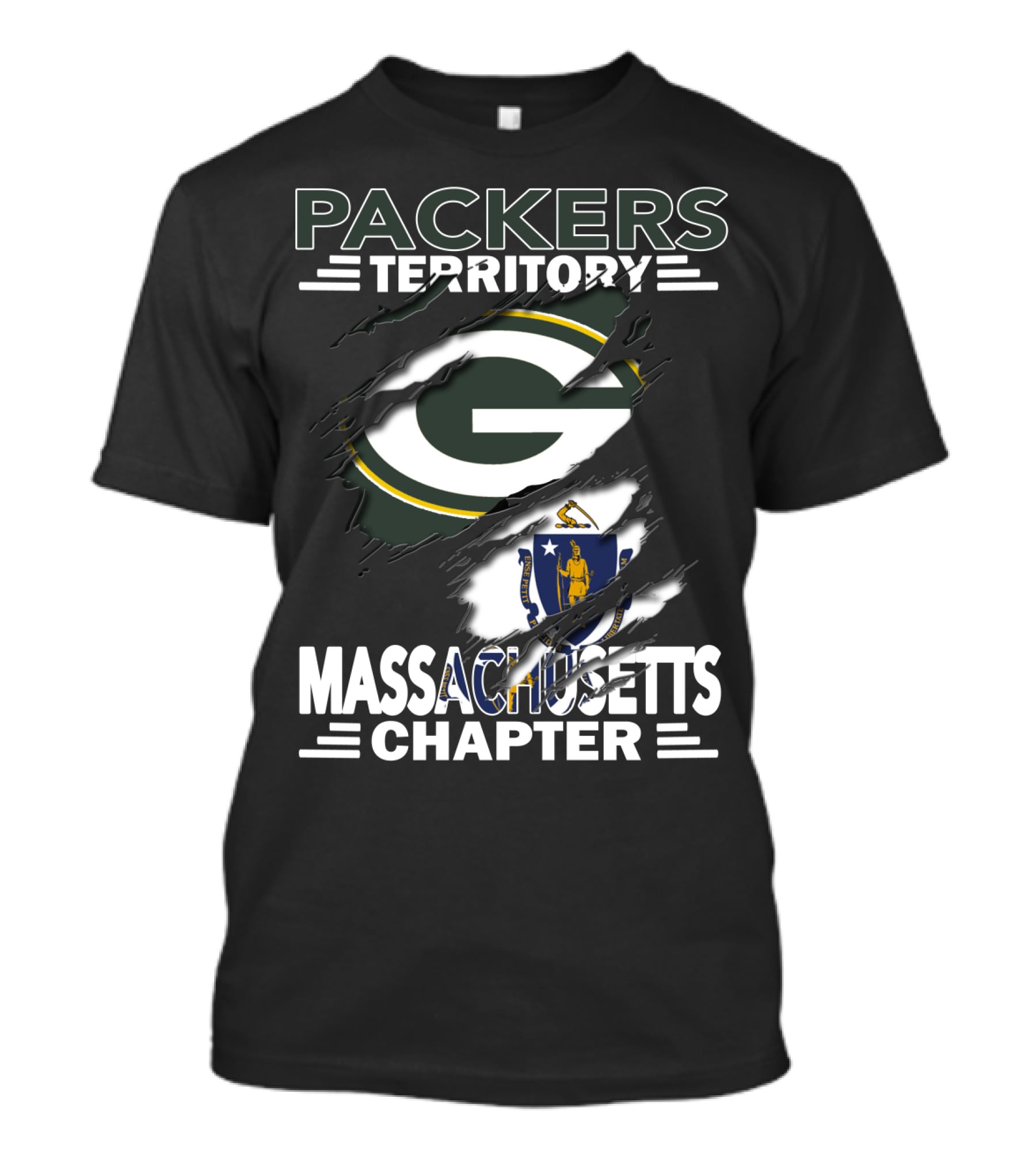 Packers Territory Massachusetts Chapter Green Bay Logo And Massachusetts Flag T-Shirt