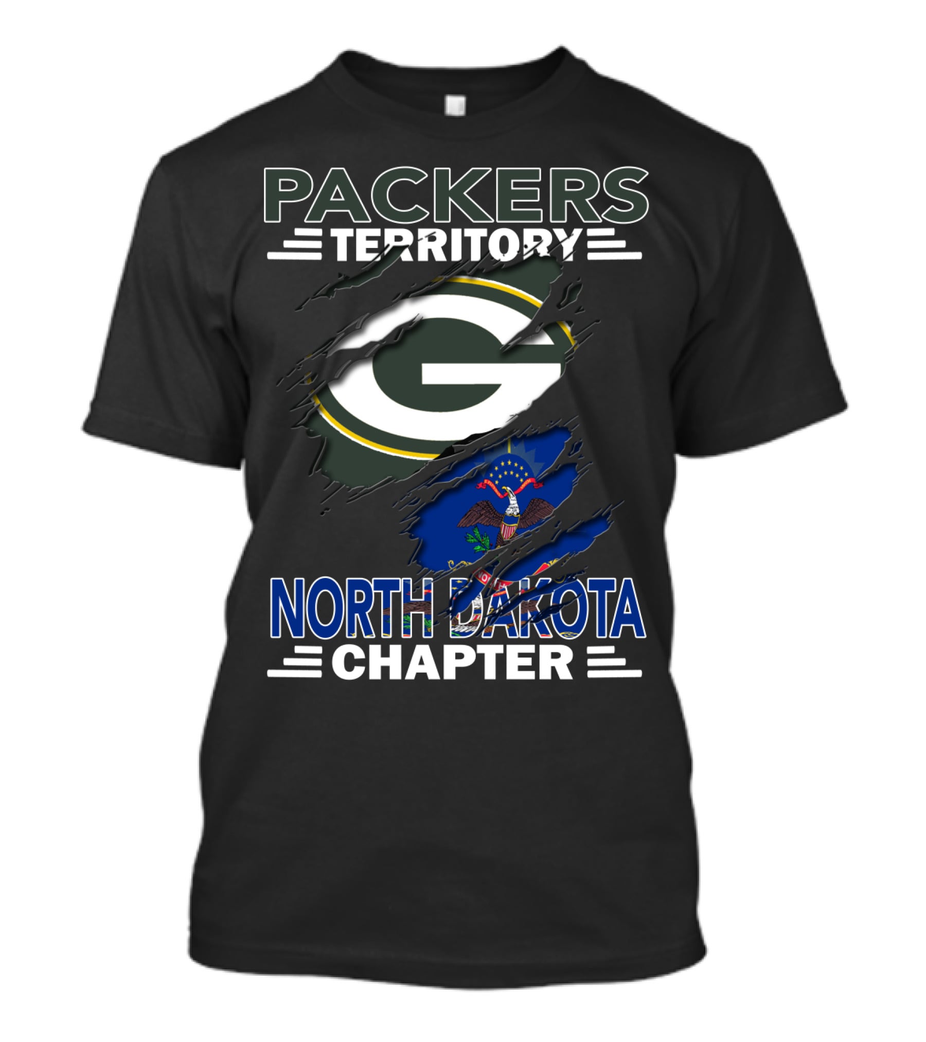 Packers Territory North Dakota Chapter Torn Green Bay G Logo And State Flag T-Shirt